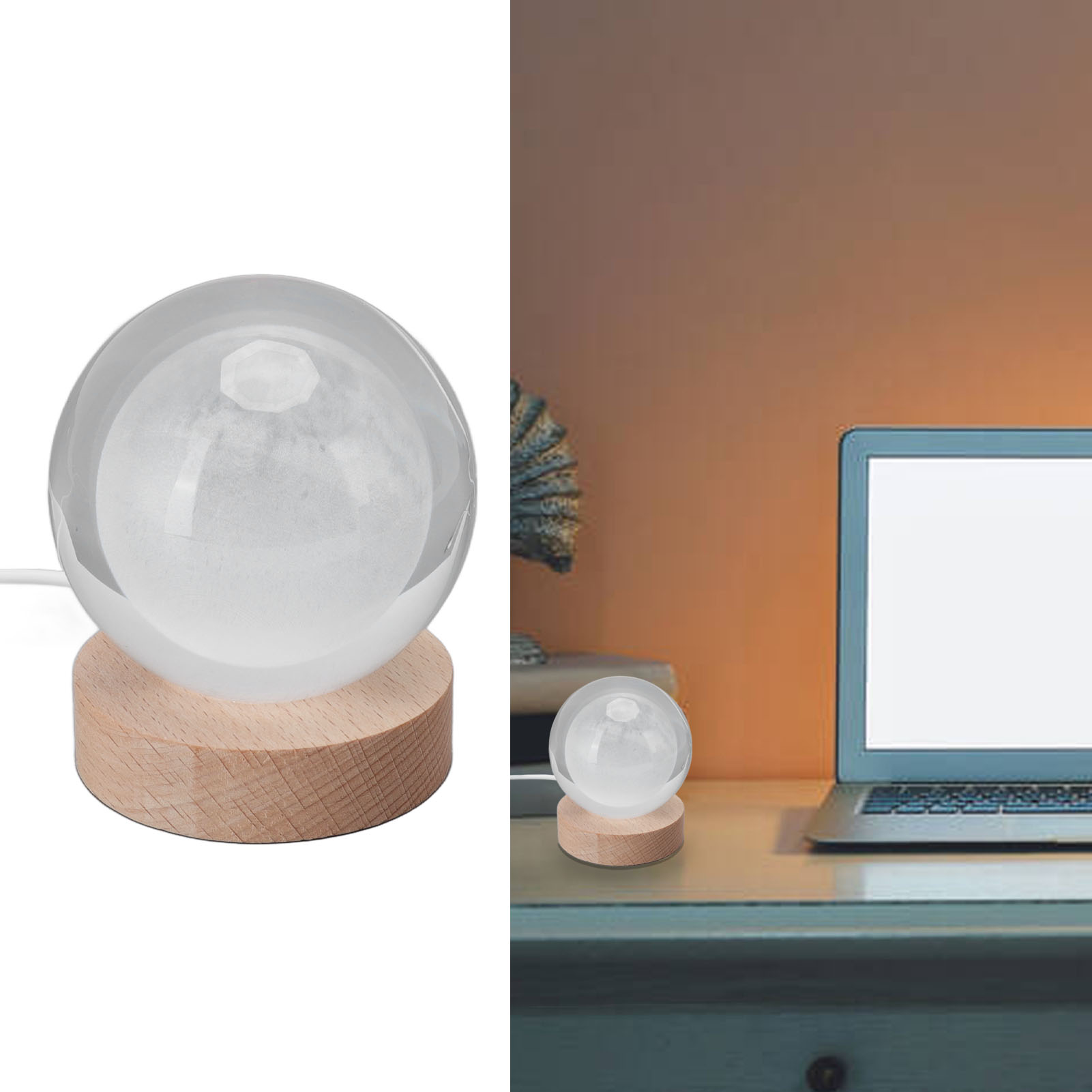3d-nachtlicht In Mondform, Kristallkugel, Geschnitztes Led-nachtlicht Aus Holz, Tischdekoration, Geschenk Für Freunde Und Kinder, Mondlichtweißes Licht