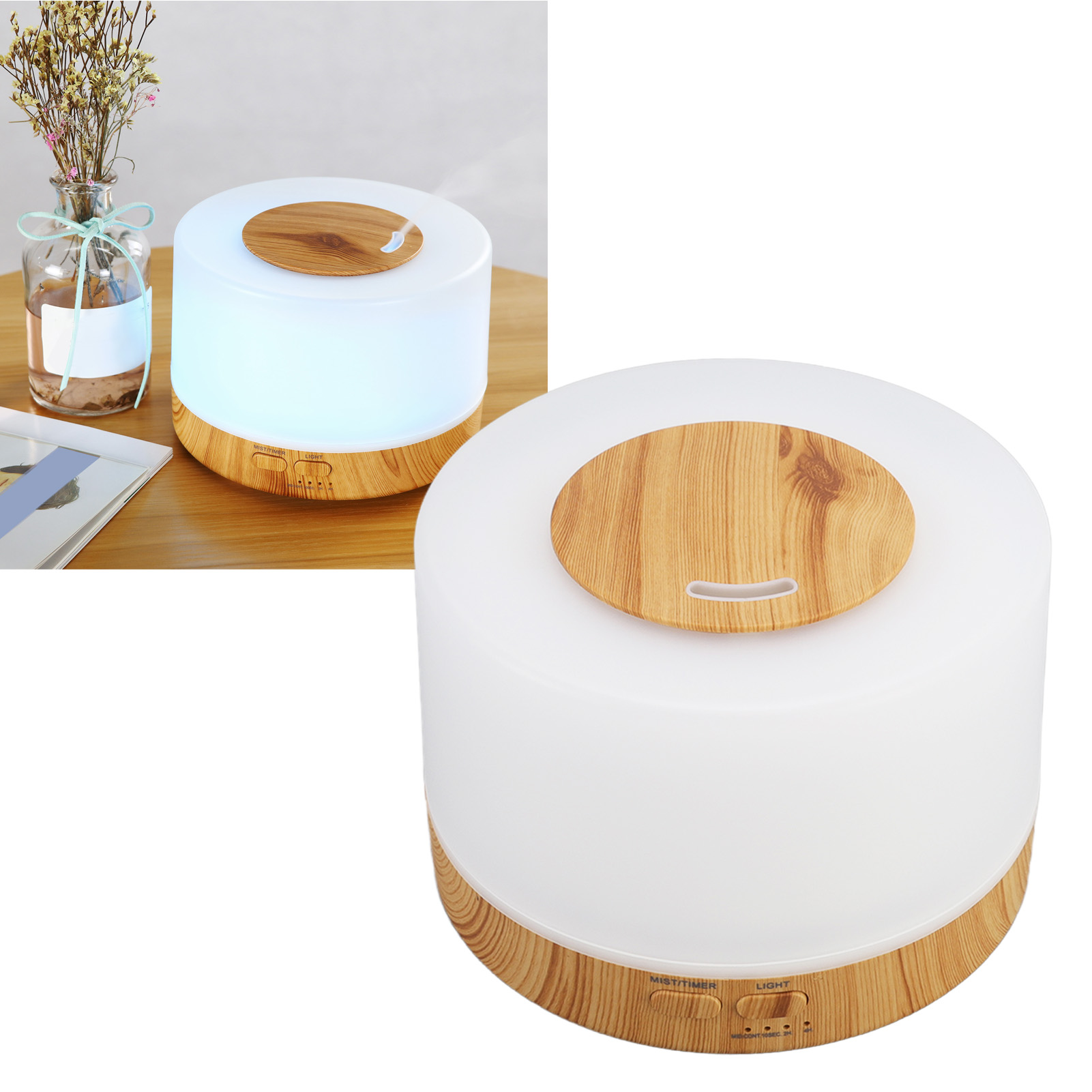 500-ml-tischluftbefeuchter, Holzoptik, 7-farbige Led-beleuchtung, 35 Db, Fernbedienung, Aroma-diffusor, 100–240-v-eu-stecker