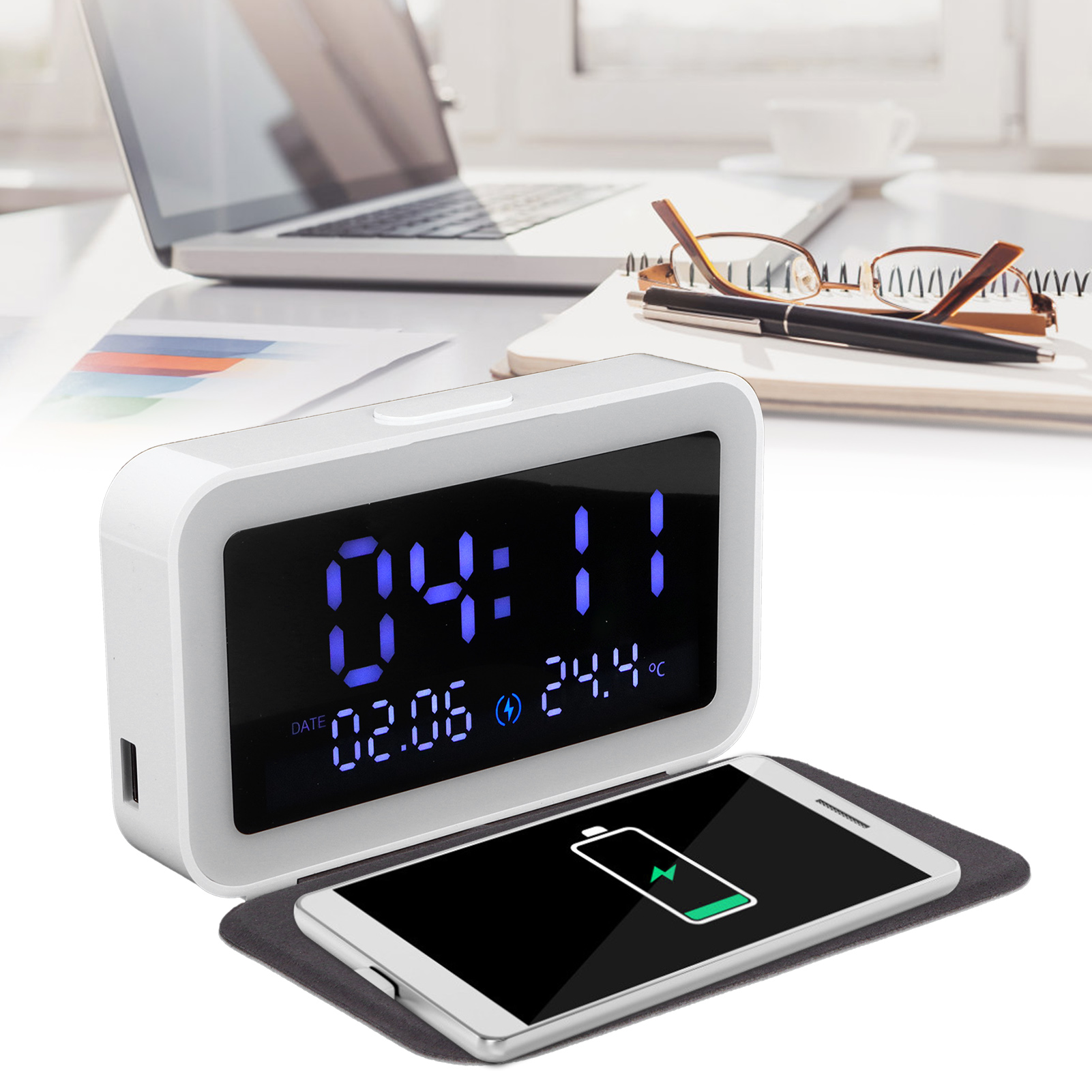 Led-nachtlicht-wecker Mit 15-w-funkladegerät Und Thermometer Fürs Schlafzimmer