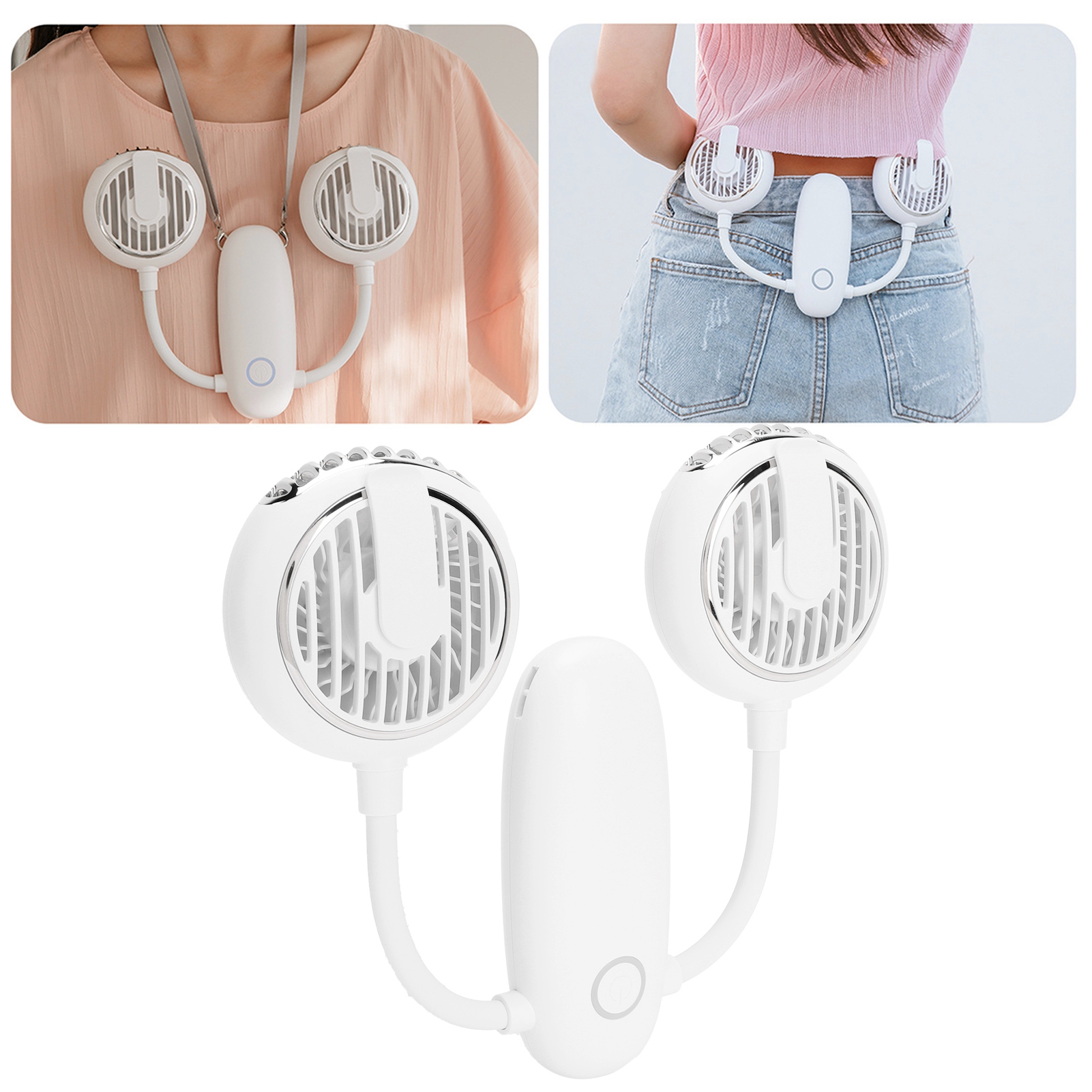 360° Drehbarer Doppelkopf-usb-ventilator, Tragbar, Zum Umhängen, Ideal Für Reisen Im Freien (weiß).
