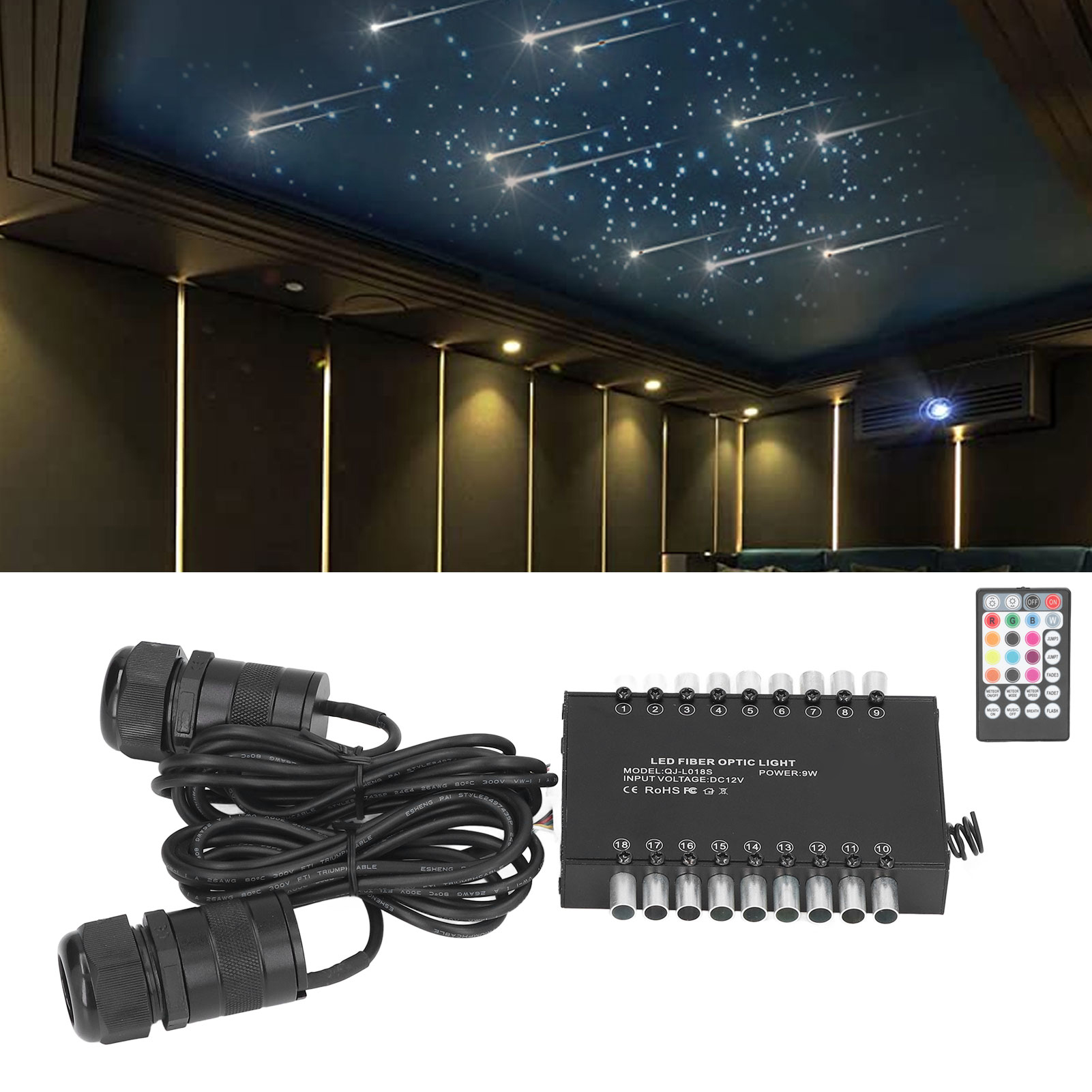 Bluetooth-app, Meteor 9w 18-loch-glasfaserlampe Mit Rgbw-sternenhimmel-lichtquelle Und Weißer Sternenhimmel-glasfaser-deckenleuchte