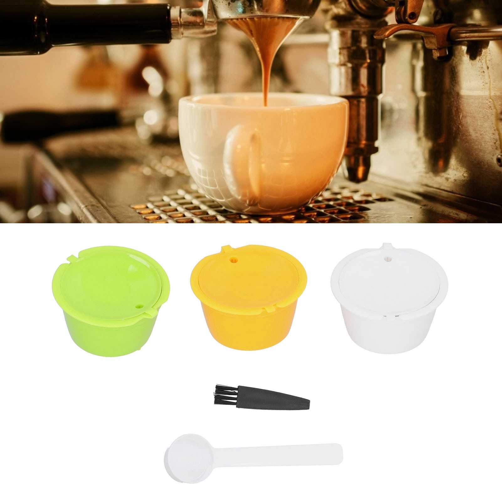 Set Mit 3 Wiederverwendbaren Und Farbigen Kaffeefiltern, Inklusive Bürste Und Löffel Sowie Kaffeezubehör (gelb, Grün, Weiß).