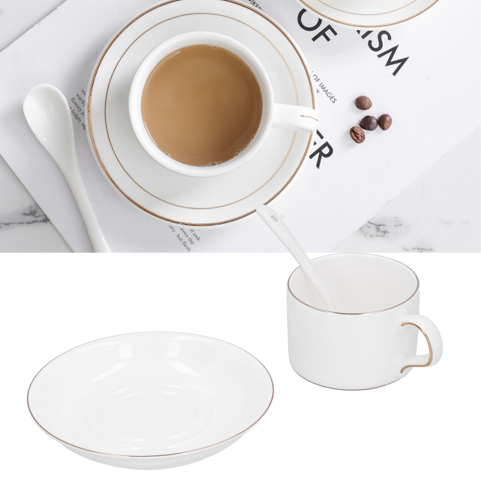 Set Aus 4 Kaffeetassen Mit Untertasse Und Löffel, Ideal Für Zuhause Und Küche.