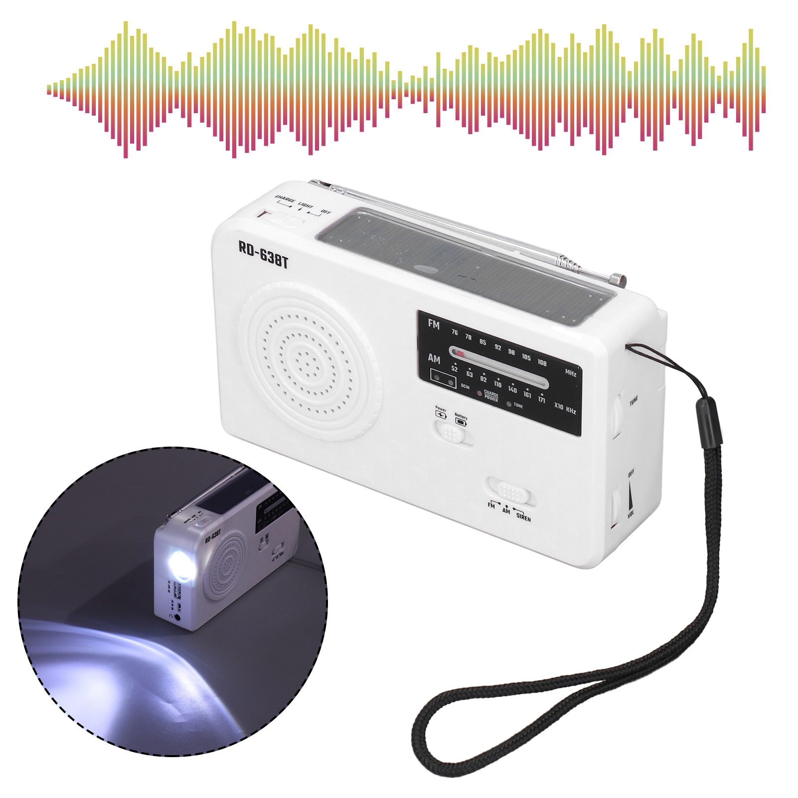 Multifunktionale Radio-taschenlampe, Kurbelradio Mit Solarbetrieb, Notfall-taschenlampe, Usb-aufladbar, Weiß