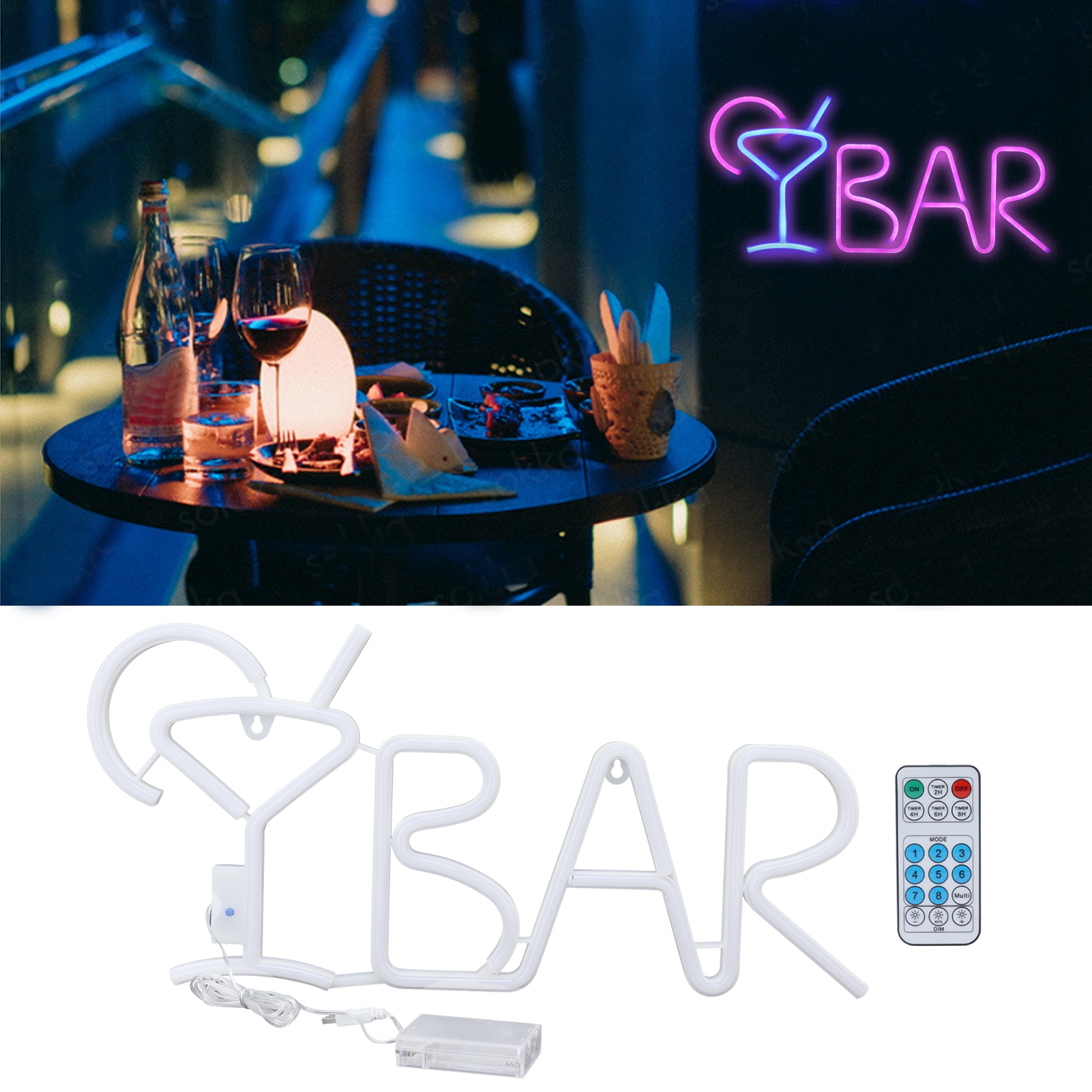 Violette Led-neon-wandleuchte Mit 24-tasten-fernbedienung Und 8 Beleuchtungsmodi, Ideal Für Restaurants, Bars Und Partys. Blaues Licht Für Weingläser.