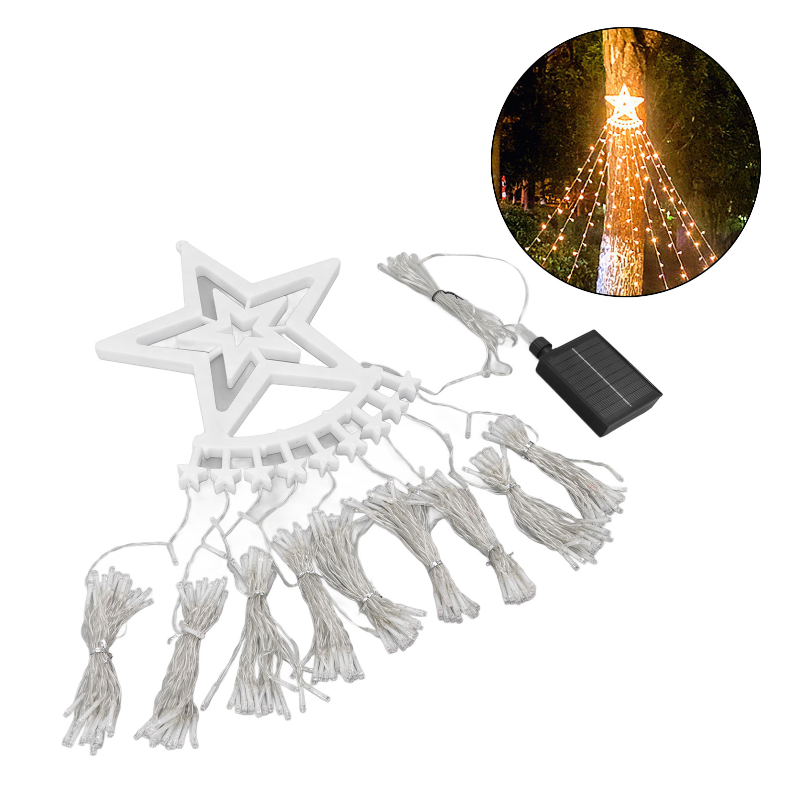 Solarbetriebene, Kaskadenförmige Lichterkette Für Den Weihnachtsbaum, 350 Leds, 8 Beleuchtungsmodi, Wasserdicht, Mit Fernbedienung Für Warmes Außenlicht.