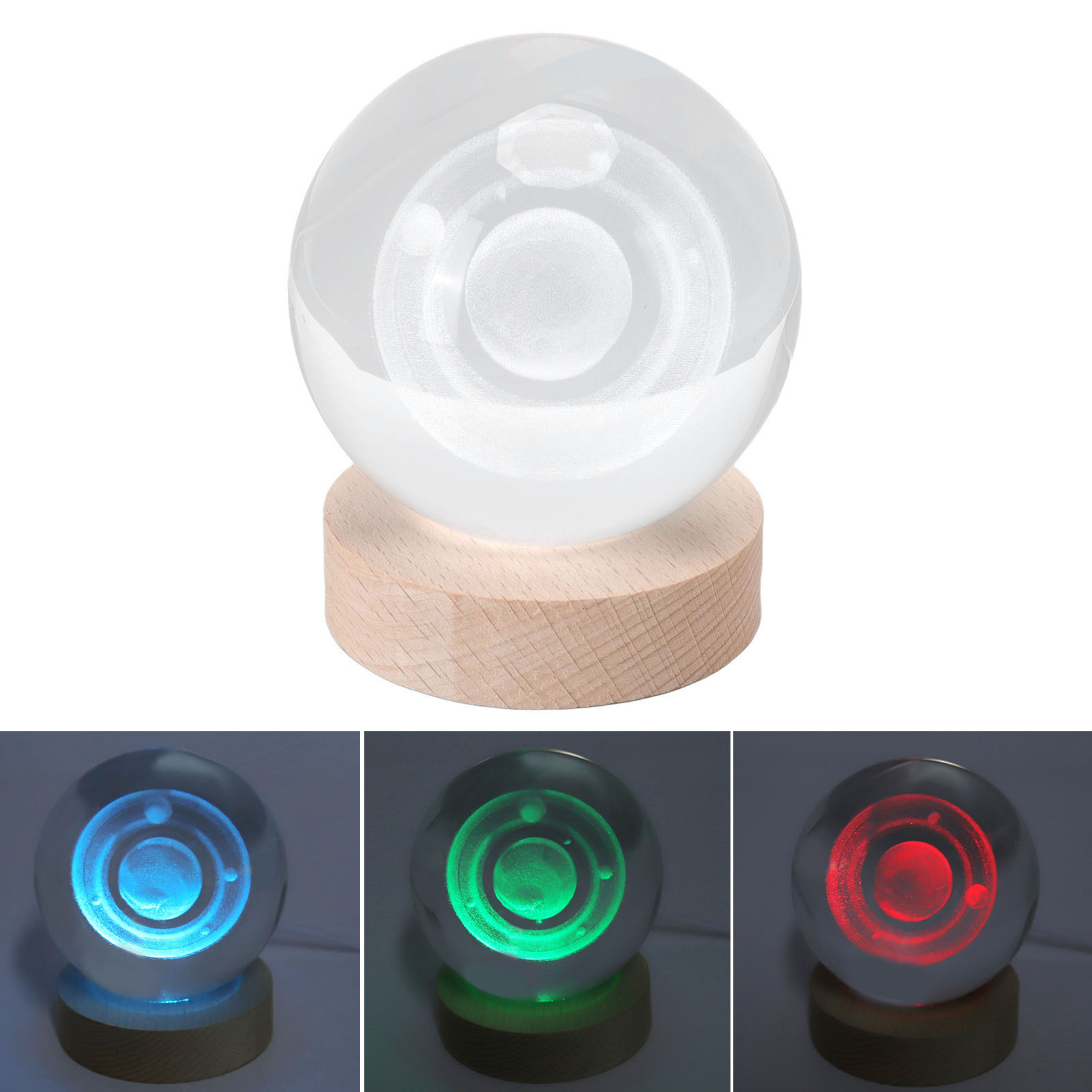 Beleuchtete 3d-saturn-kristallkugel, Aus Holz Geschnitzt Und Verziert, Schreibtisch-nachtlicht, 8 Cm Kristallkugel + 7 Cm Sockel, Licht In Saturnfarben