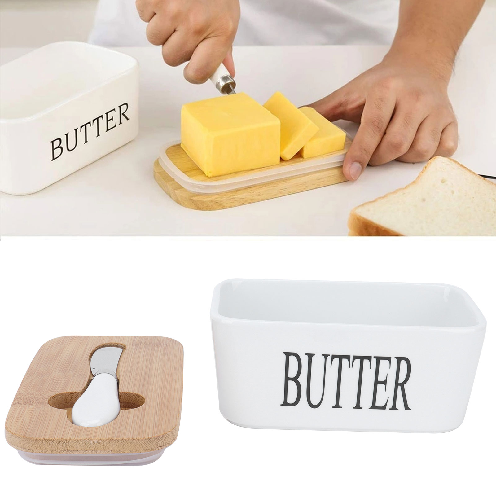 Butterdose Mit Holzdeckel, Butterdose Aus Keramik Mit Luftdichtem Deckel, Aufbewahrungsschale.