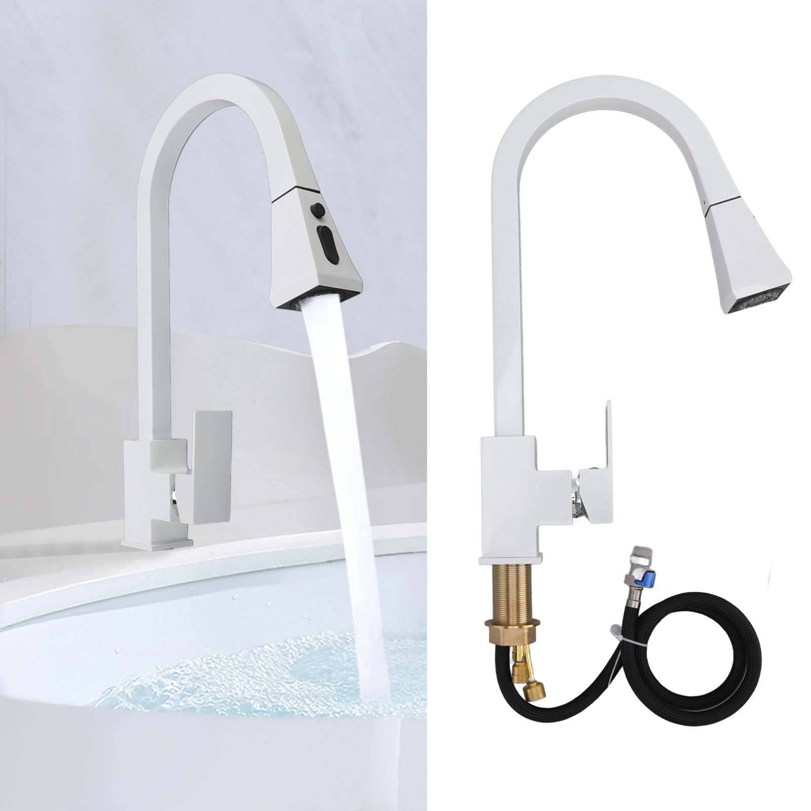 2-in-1-spültischarmatur Aus Edelstahl Und Messing, Warm- Und Kaltwasser, Universell, Gebogene Form, Ausziehbrause, Weiß