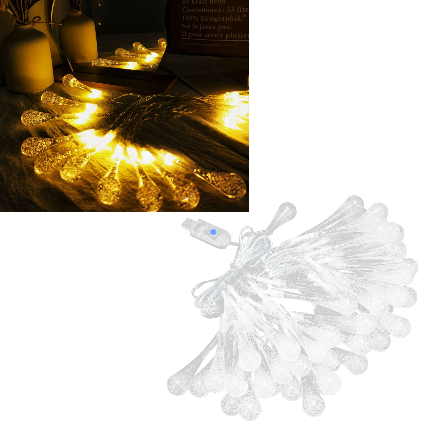 Lichterkette Mit 50 Leds, Schutzart Ip45, 16 Farben, Usb-fernbedienung, Wassertropfeneffekt, Ideal Für Hof, Garten Oder Rasenfläche.