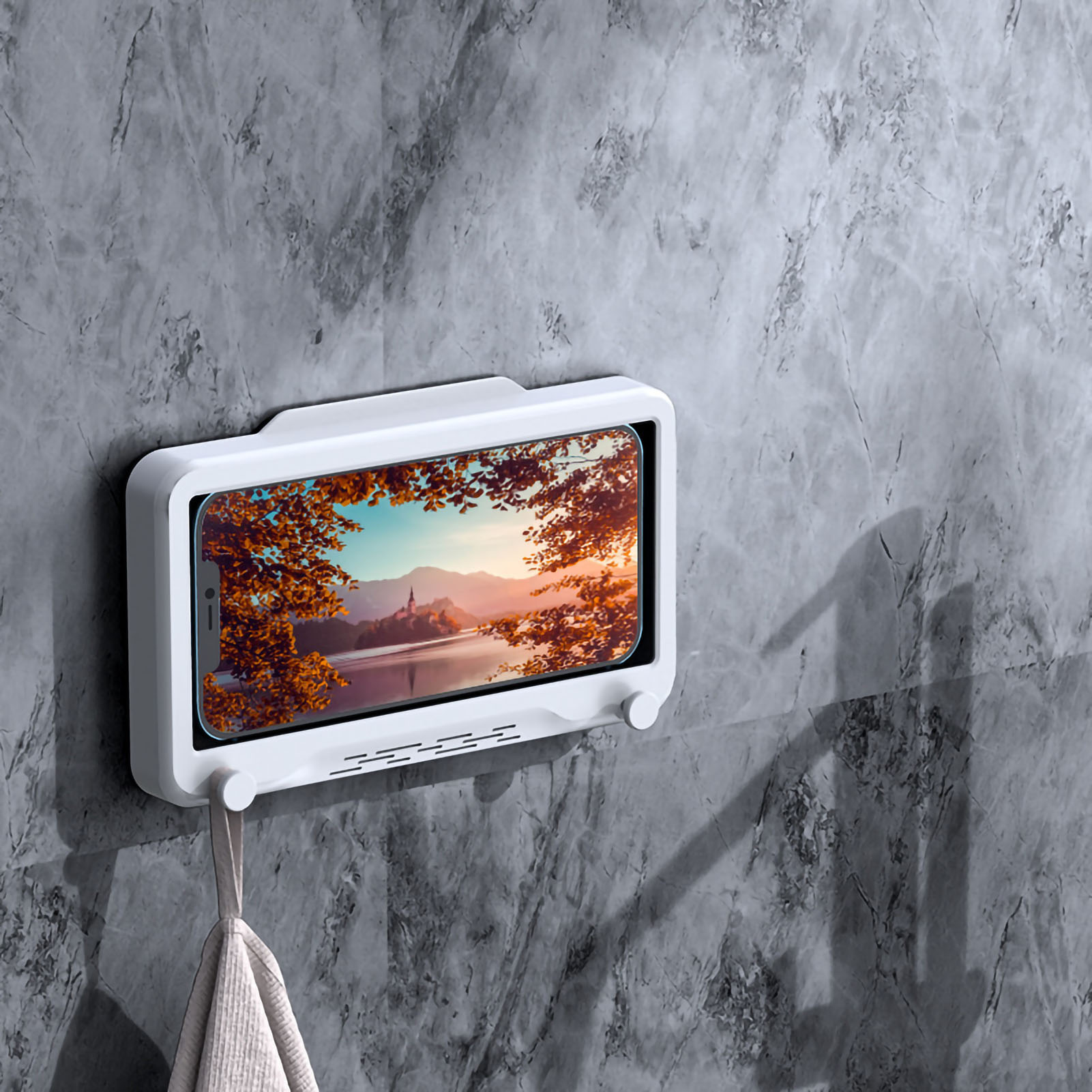 Wasserdichte, Um 360° Drehbare Handyhülle, Kein Bohren Erforderlich, Mit Touchscreen-wandhalterung Und Aufbewahrungsbox. Ideal Zum Ansehen Von Videos Im Badezimmer Oder Unter Der Dusche. Elegantes Wei