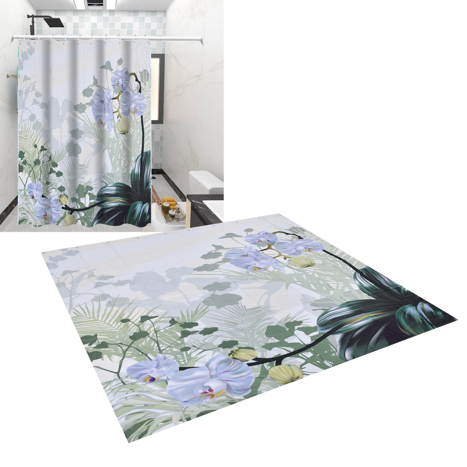 Duschvorhang Mit Blumenmuster, Wasserdicht, Aus Polyester, Mit Haken, 180 X 200 Cm