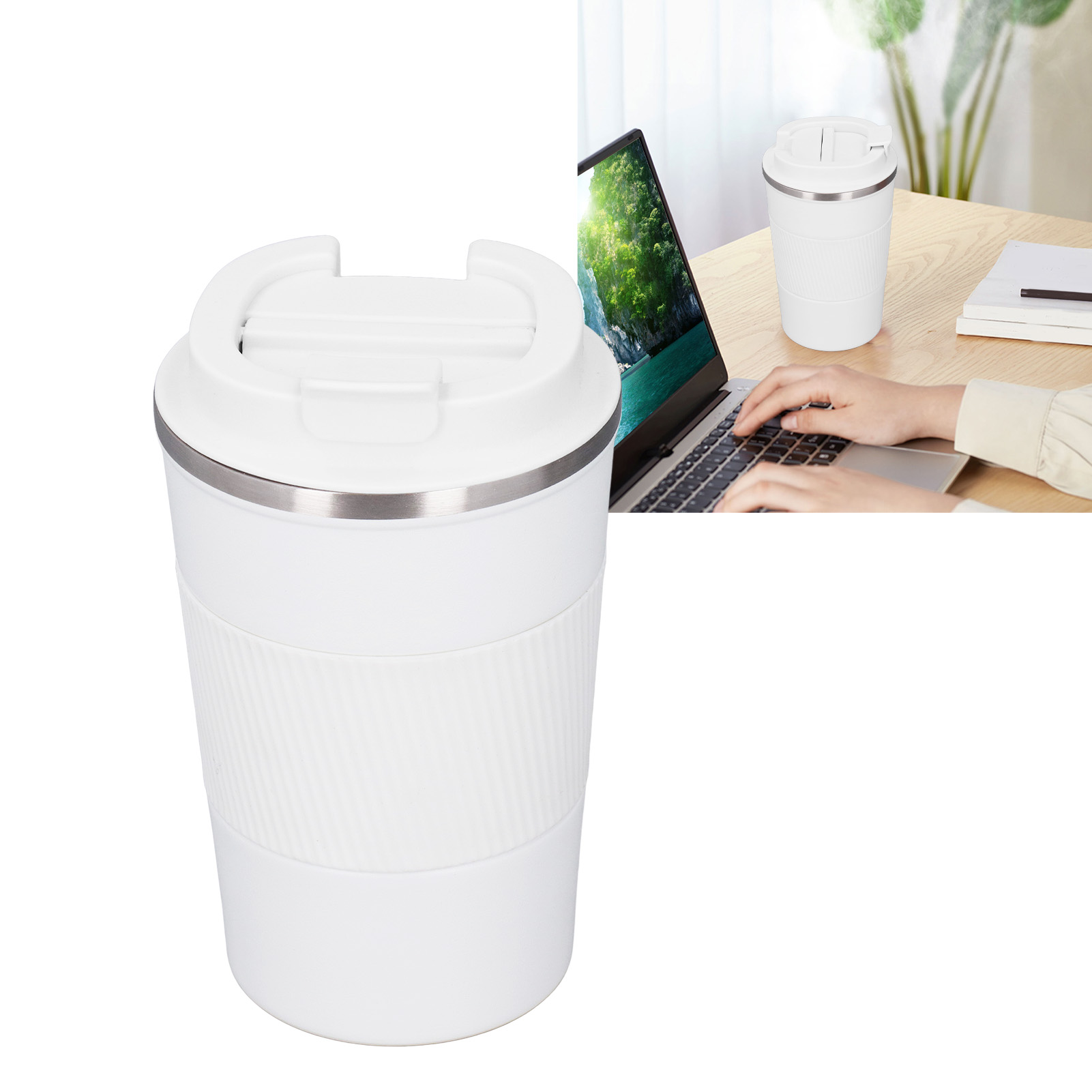 Tragbarer Isolierbecher Aus Edelstahl Und Silikon Mit Deckel, 510 Ml.