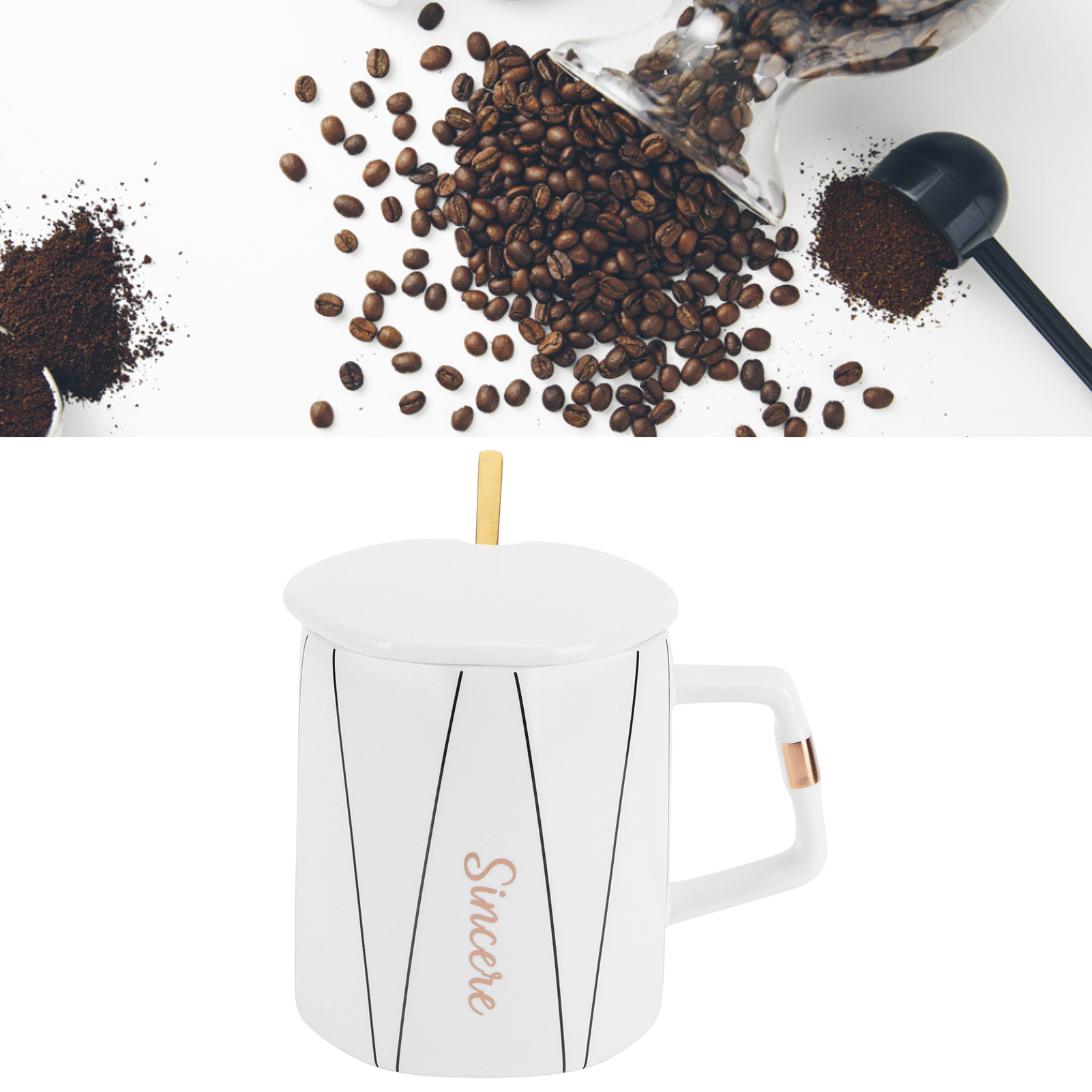 Original Achteckiger Keramikbecher Mit Deckel Und Löffel, Ideal Fürs Büro Oder Als Geschenk Für Paare Oder Freunde (typ B).