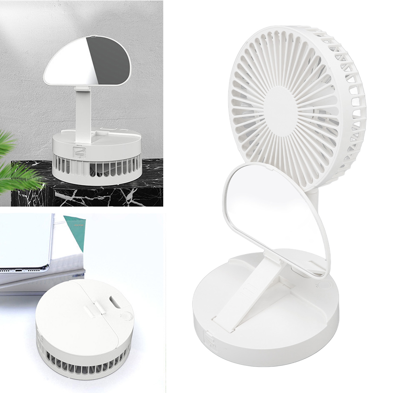 Kleiner, Faltbarer Und Wiederaufladbarer Tischventilator Mit Integriertem Kosmetikspiegel, Ideal Für Studentenwohnheim Oder Büro, 2-in-1-ventilator-spiegel, Weiß