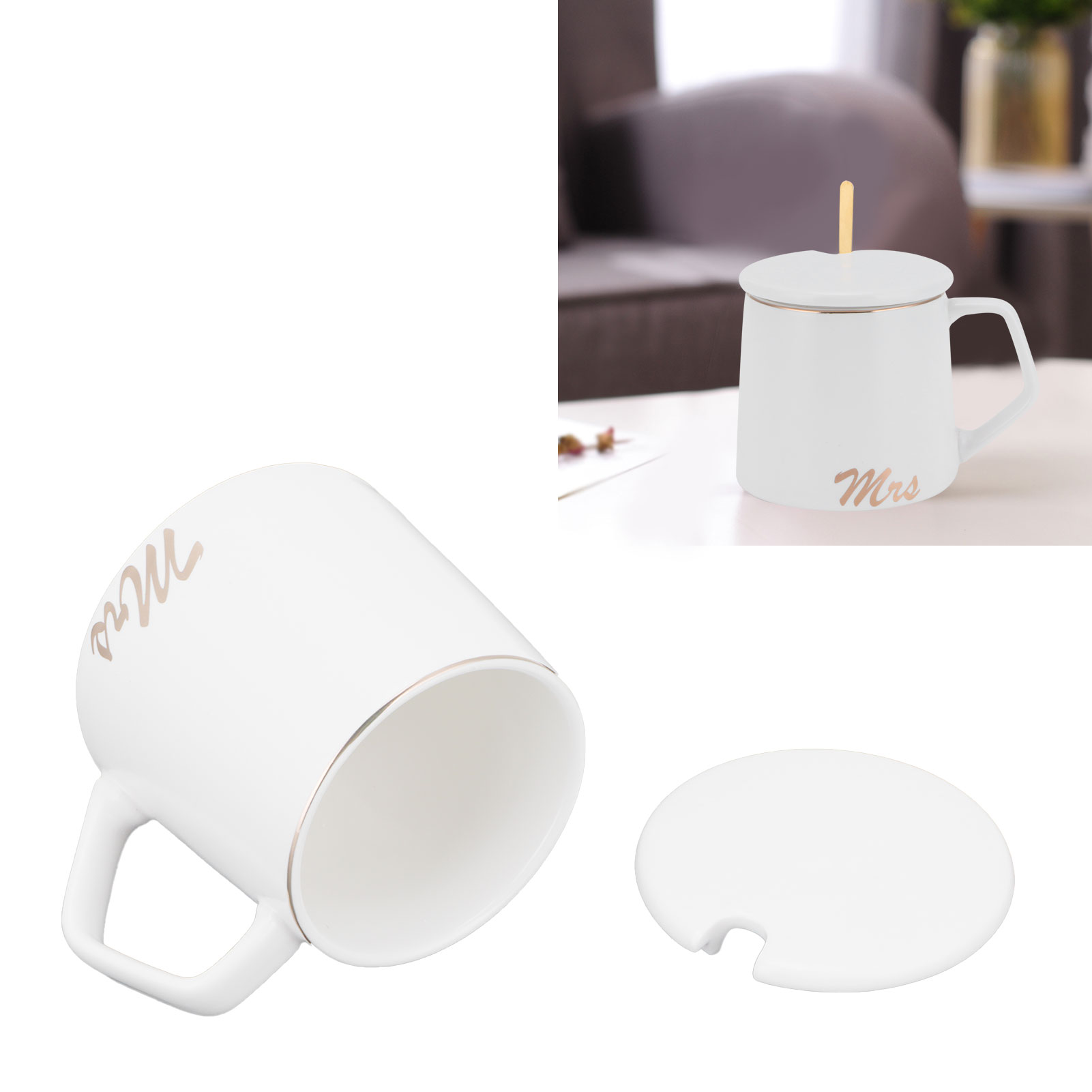 Trendiger 320-ml-keramikbecher Mit Deckel Und Löffel, Ideales Geschenk Für Zuhause Oder Büro, Weißer Buchstabe M