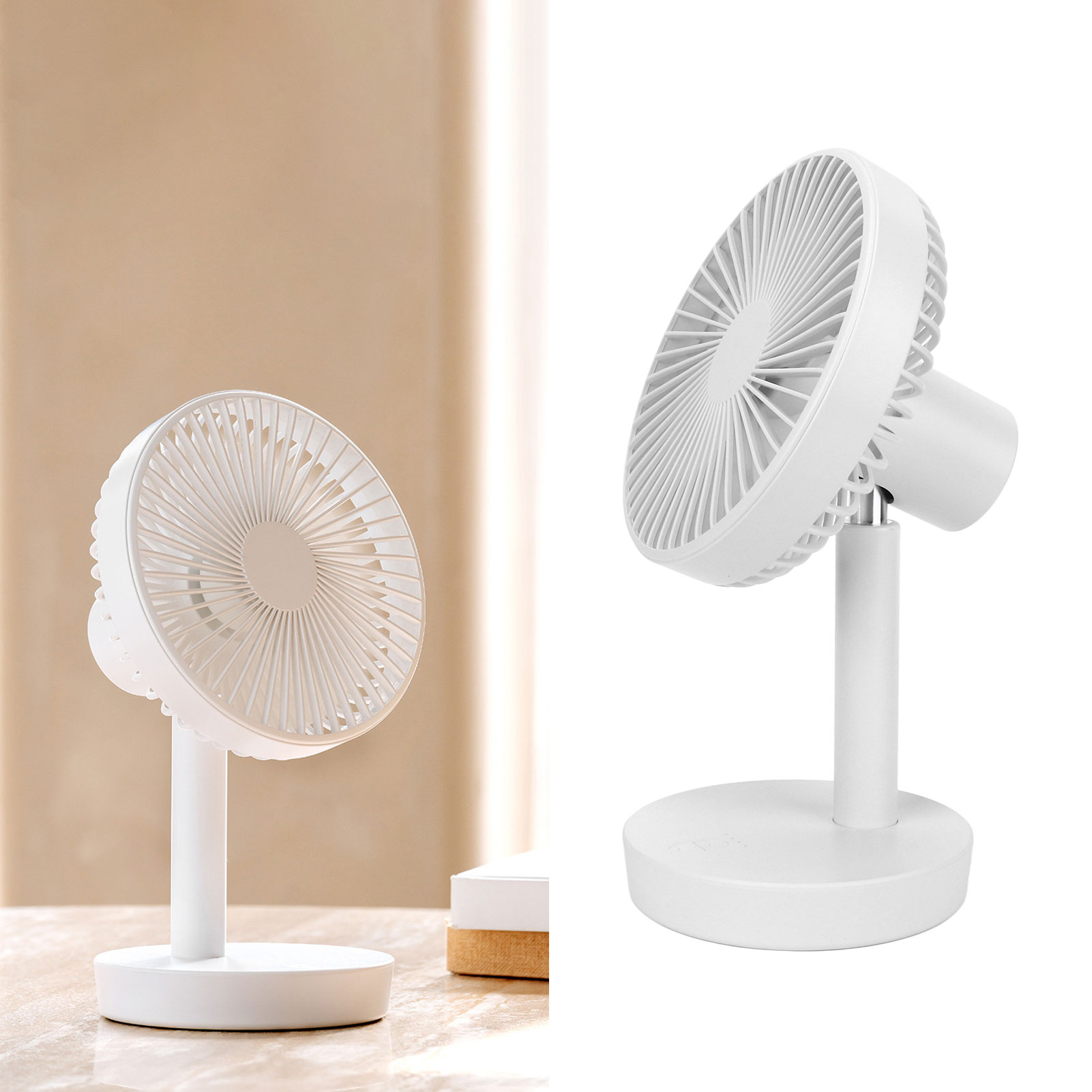 Dreistufiger Tischventilator Mit 5 Flügeln, Sanfter Brise, Automatischer Oszillation, Usb-aufladbar, Weiß.