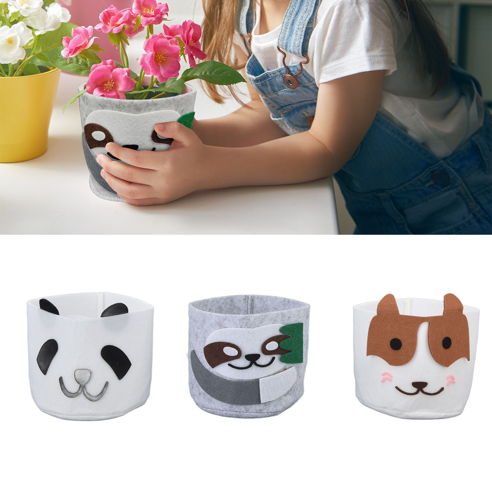 Handgefertigte Miniatur-topfpflanzen In Tierform: Panda, Faultier Und Hund. Filztöpfe/behälter Zur Innendekoration.