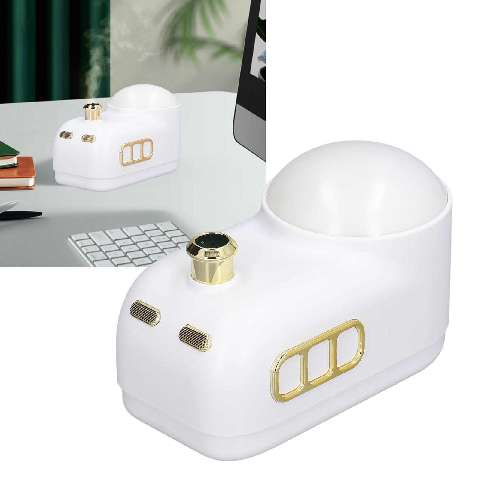 Miniatur-usb-luftbefeuchter In Form Einer Dampflokomotive Mit Integriertem Nachtlicht Und Retro-beleuchtung. Weiß.