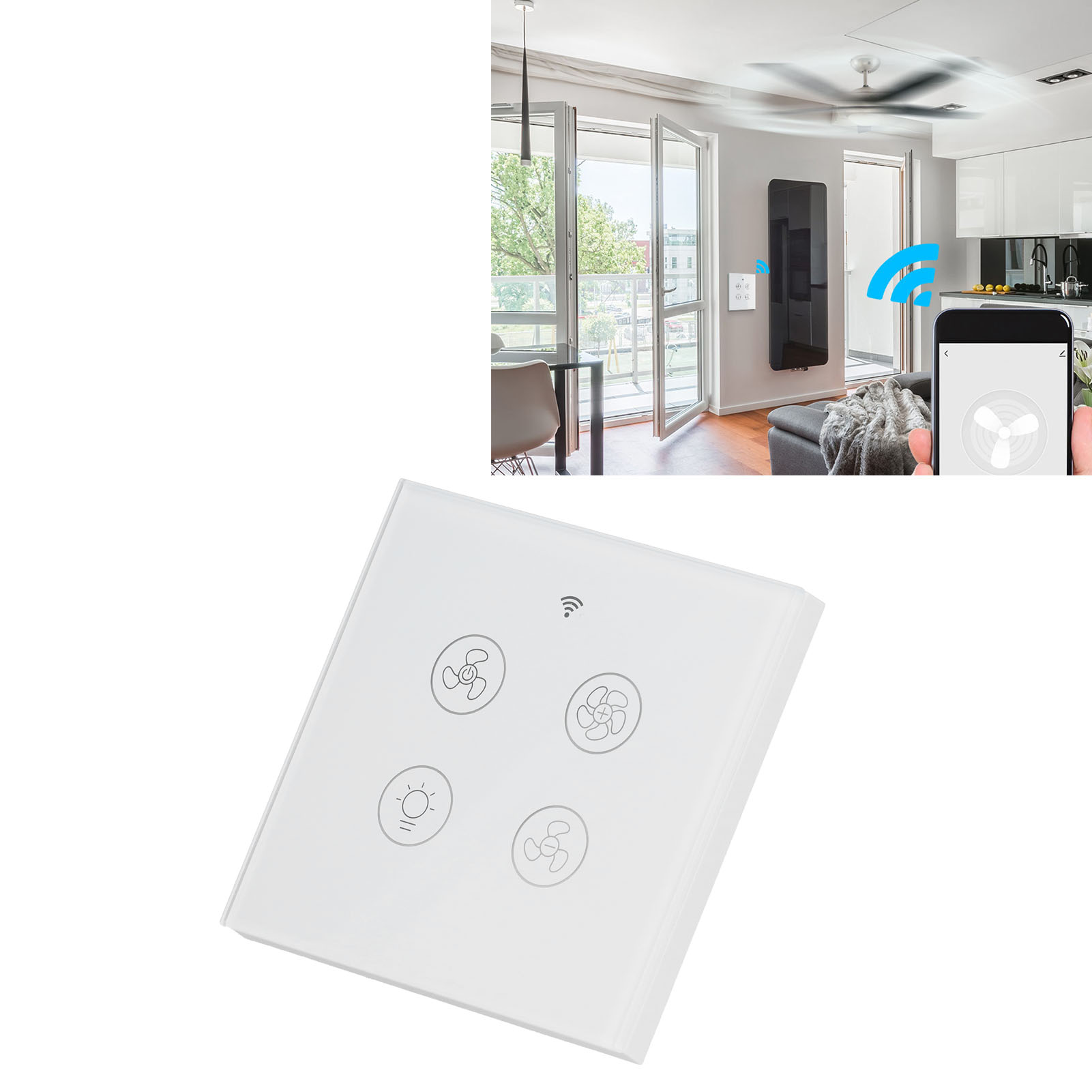 Intelligenter Wlan-lüfter- Und Lichtschalter, Kompatibel Mit Funkfernbedienung Und Sprachsteuerung, 100–250 V, Weiß