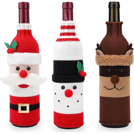 3-teiliges Set Gestrickter Weihnachtsweinflaschenhüllen, Gestrickte Halter Zum Verzieren Ihrer Weihnachtsweinflaschen