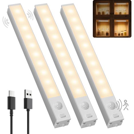 Wiederaufladbare, Kabellose Led-schrankleuchte, 3000 K, 18 Cm, 3er-pack Mit Bewegungssensor, Geeignet Für Wäscheschrank, Bücherregal, Treppenhaus, Flur Und Wohnmobil.