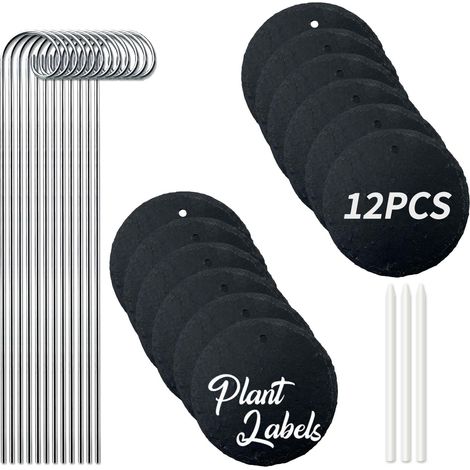 Set Mit 12 Runden Schiefer-pflanzenetiketten Mit Metallstiel, Wasserfeste, Wiederverwendbare Gartenstecker Für Den Außenbereich Mit Kreidestift Für Kräuter