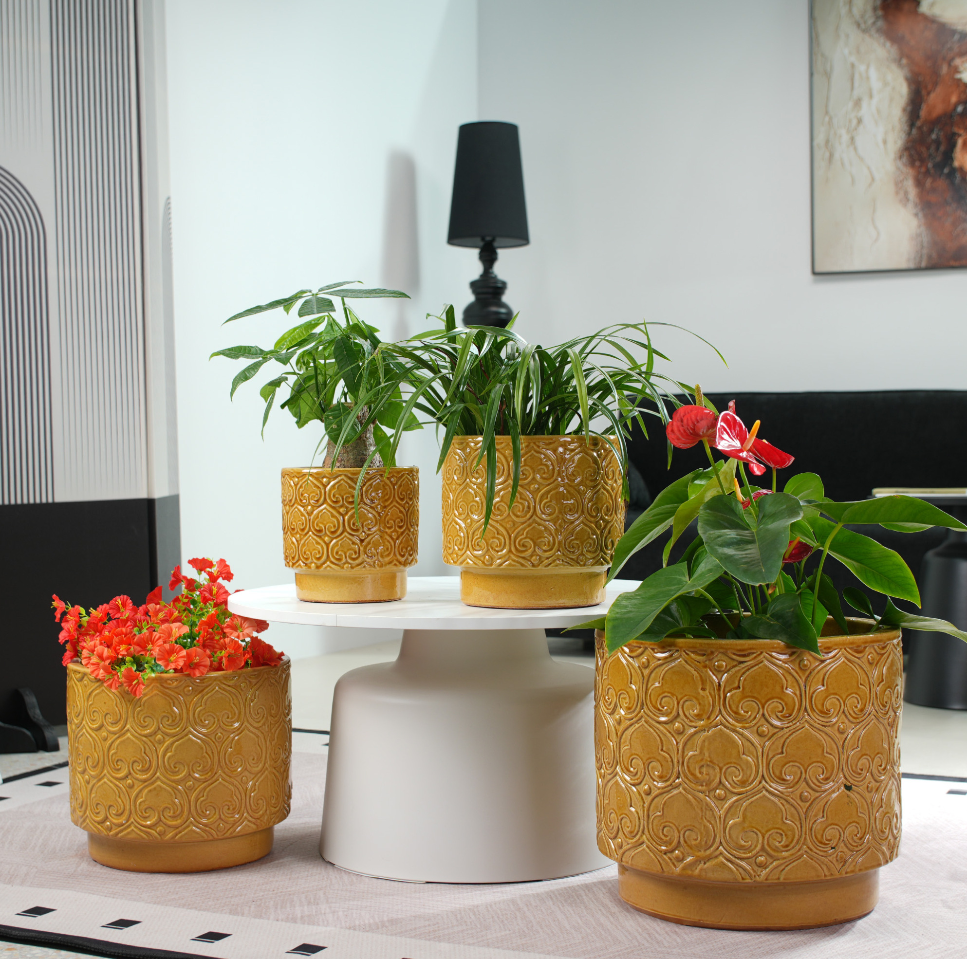 Keramik-blumentopf Ø38 Cm, Glänzend Gelb, Mit Drainageloch Und Fuß, Okmyhome