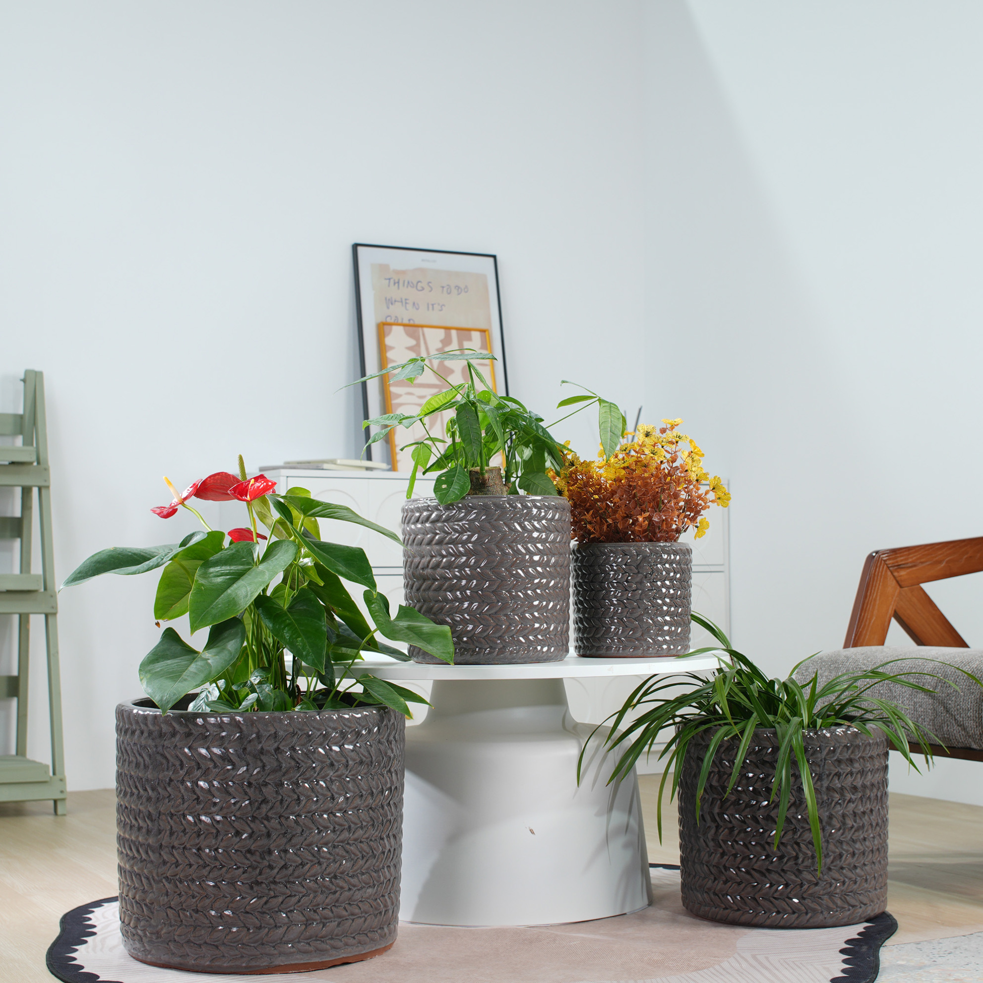 Keramik-blumentopf Ø 17,5 Cm, Glänzend Grau Mit Chevron-relief Okmyhome