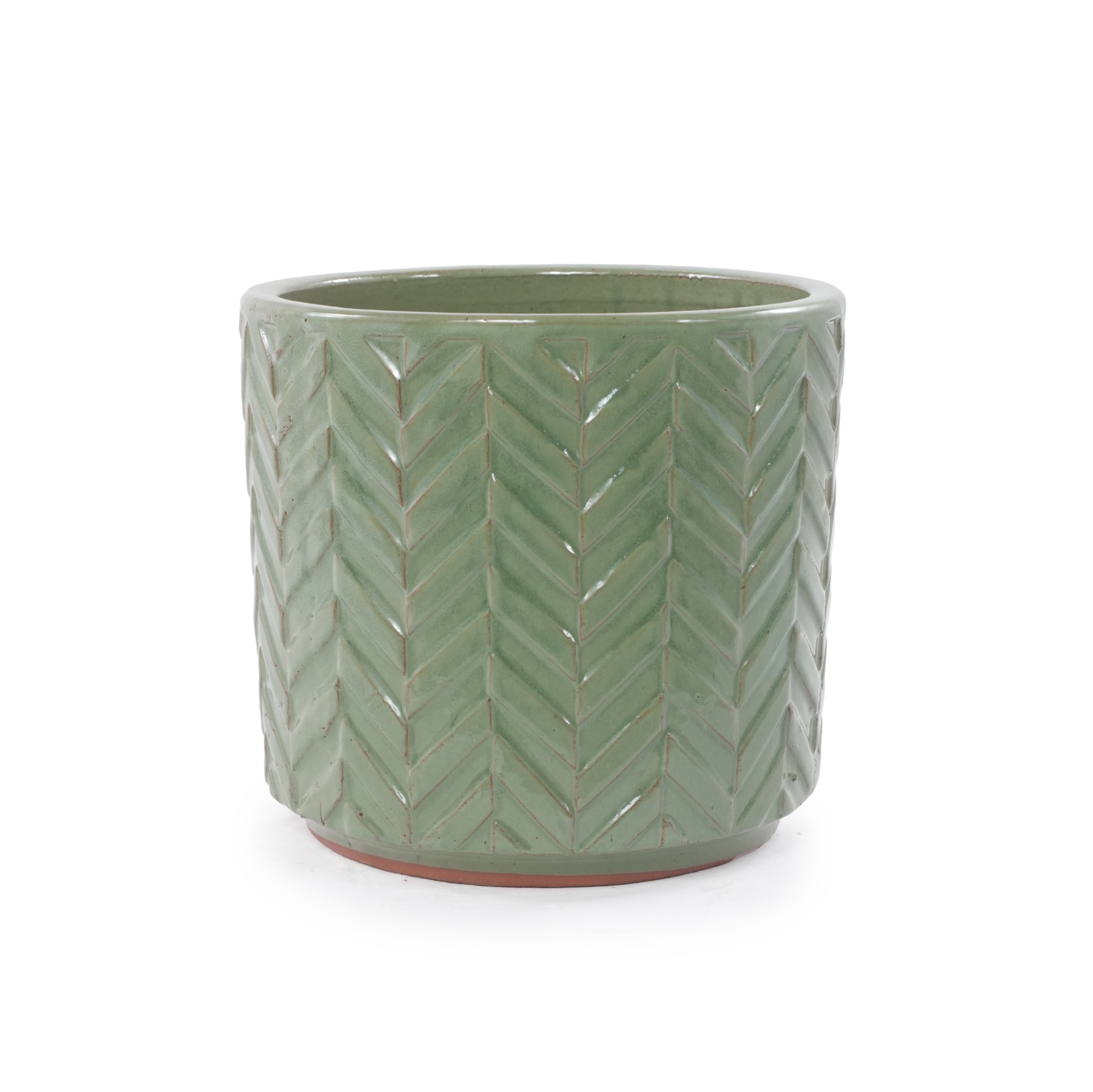 Blumentopf Aus Keramik Ø20 Cm, Glänzend Salbeigrün Mit Chevron-relief Okmyhome