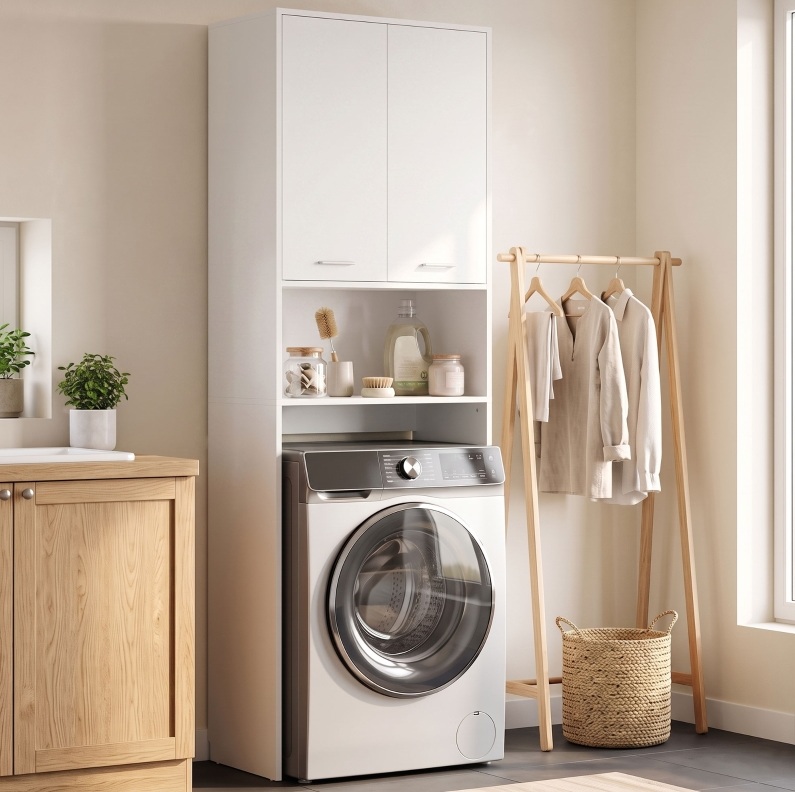 Badezimmerschrank Über Der Waschmaschine 66 X 24 X 191 Cm Weiß Okmyhome