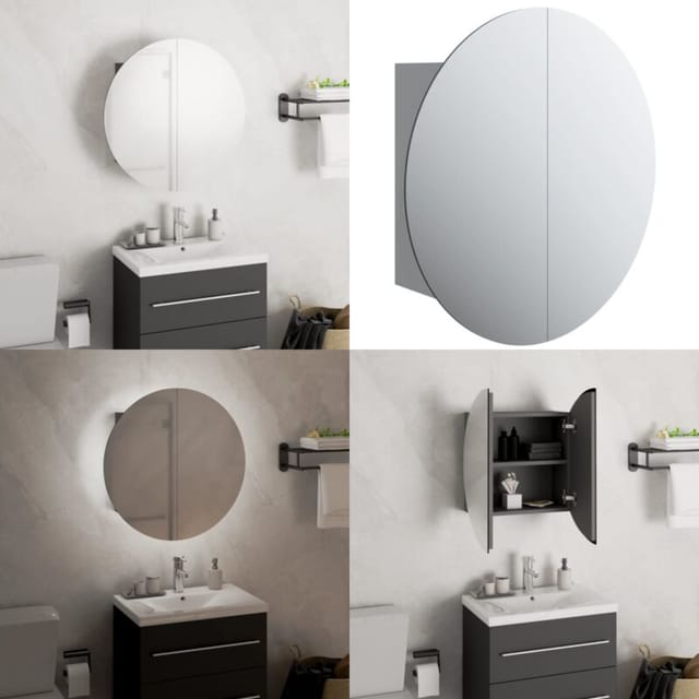 Badezimmerschrank Mit Rundem Spiegel & Led Grau 40x40x17,5 Cm - Badezimmermöbel - Kosmetiktisch - Spiegelkommode - Holzwerkstoff Möbel - Led Beleuchtung - Home & Living