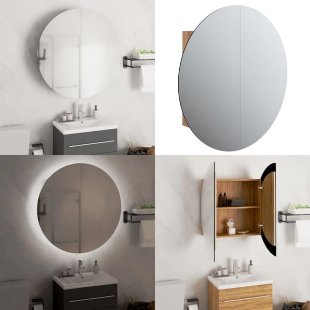 Badezimmerschrank Mit Rundem Spiegel & Led Eichen-optik - Badezimmermöbel - Holzbadschrank - Runder Spiegel - Led-beleuchtung - Kosmetiktisch - Home & Living