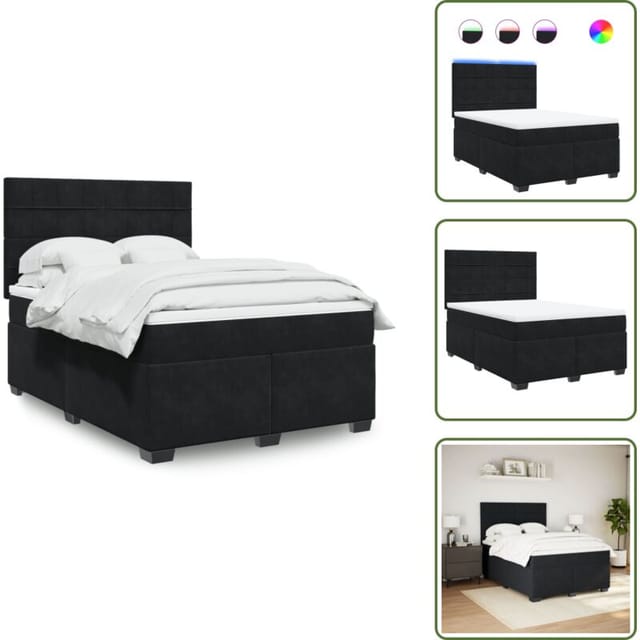 The Living Store Boxspringbett Mit Matratze Schwarz 140x190 Cm Samt - Boxspringbett - Doppelbett - Samtbett - Led Beleuchtung - Höhenverstellbares Kopfteil
