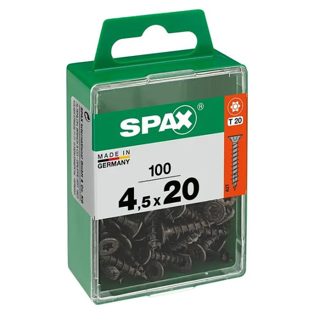 Spax - Universalschraube, 4,5 X 20, Vollgewinde, Senkkopf, T-star Plus T20, 4-cut, Schwarz Verzinkt, 100 Stück - 4191040450202