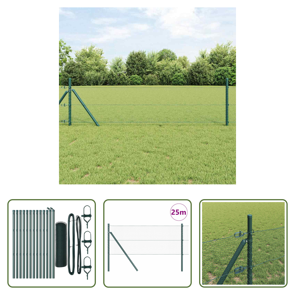 Außenzaun - Zaunpfosten Grün 25 X 0,6 M (13 Mm Maschen) Stahl Und Pvc