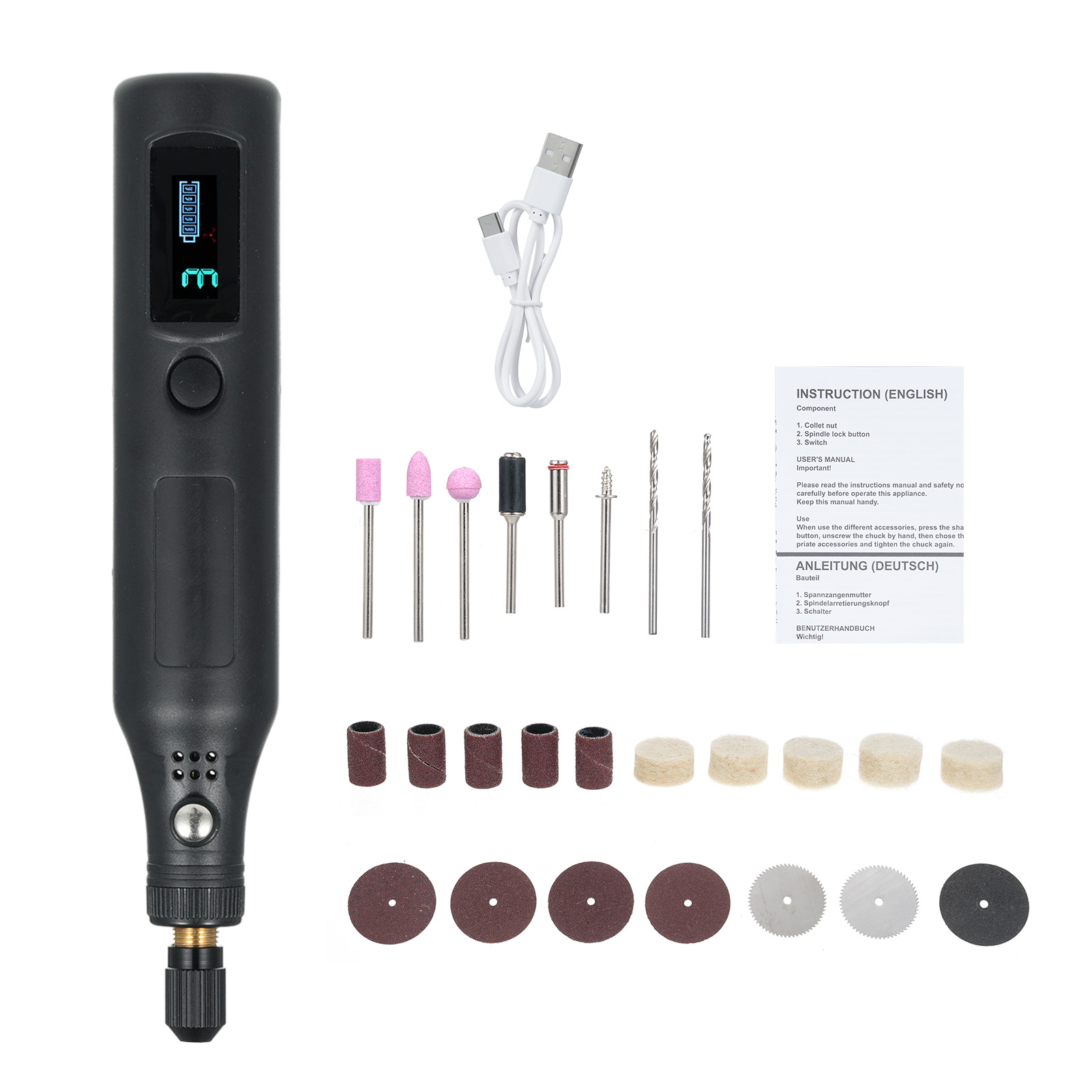 Mini-akku-rotationswerkzeug Mit Digitalanzeige, 3-stufigem Schleifset Und 25 Zubehörteilen, Usb-c-ladeanschluss. Ideal Für Kunsthandwerk, Schleifen, Schneiden, Gravieren, Bohren Und Kleinere Heimwerke