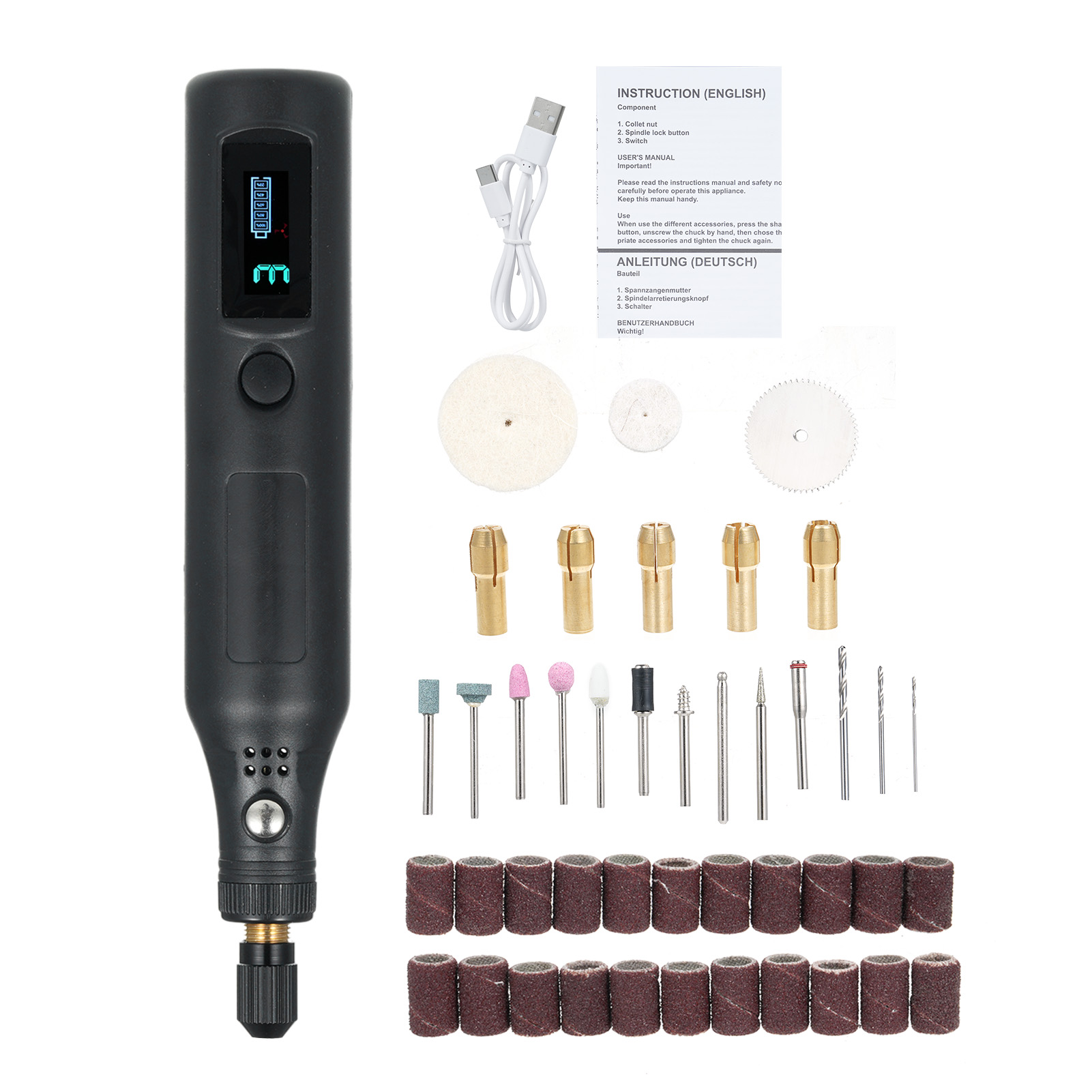 Mini-akku-rotationswerkzeug Mit Digitalanzeige, 3-stufigem Schleifset Und 43 Zubehörteilen, Usb-c-ladeanschluss. Ideal Für Kunsthandwerk, Schleifen, Schneiden, Gravieren, Bohren Und Kleinere Heimwerke