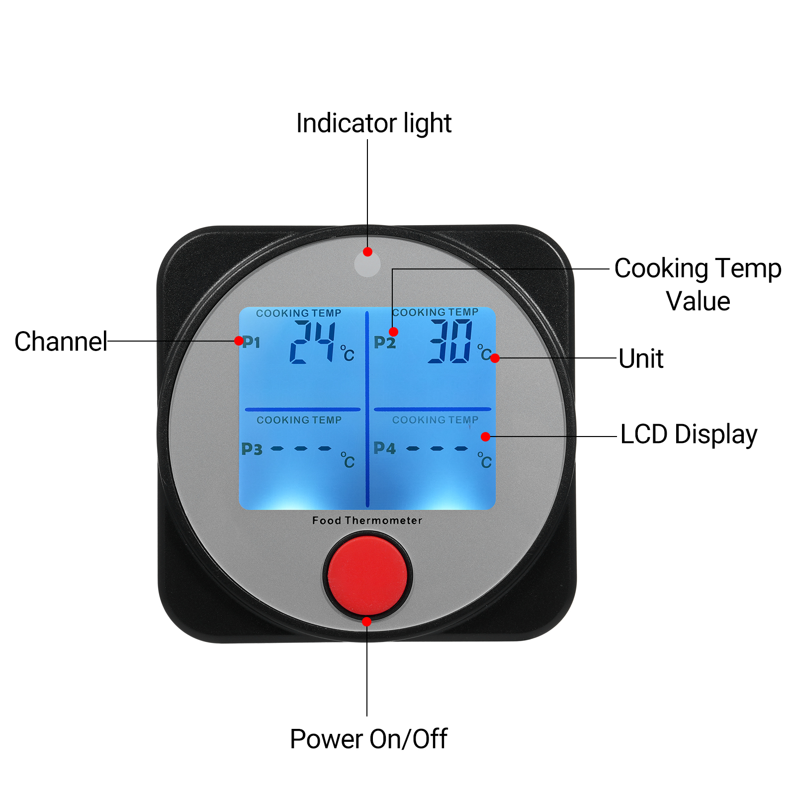 Wt308 Vierkanal-smart-lebensmittelthermometer, Fleischthermometer, Grillthermometer, Anzeige Für Niedrigen Batteriestand, Manuelle Abschaltung, Für Die Lebensmittelverarbeitung, Mit 2 Sonden Und Bluet