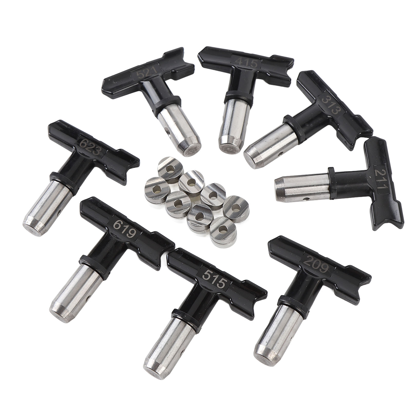 Set Mit 8 Airless-sprühdüsen: 209, 211, 313, 415, 515, 521, 619 Und 623 (schwarze Düsen).