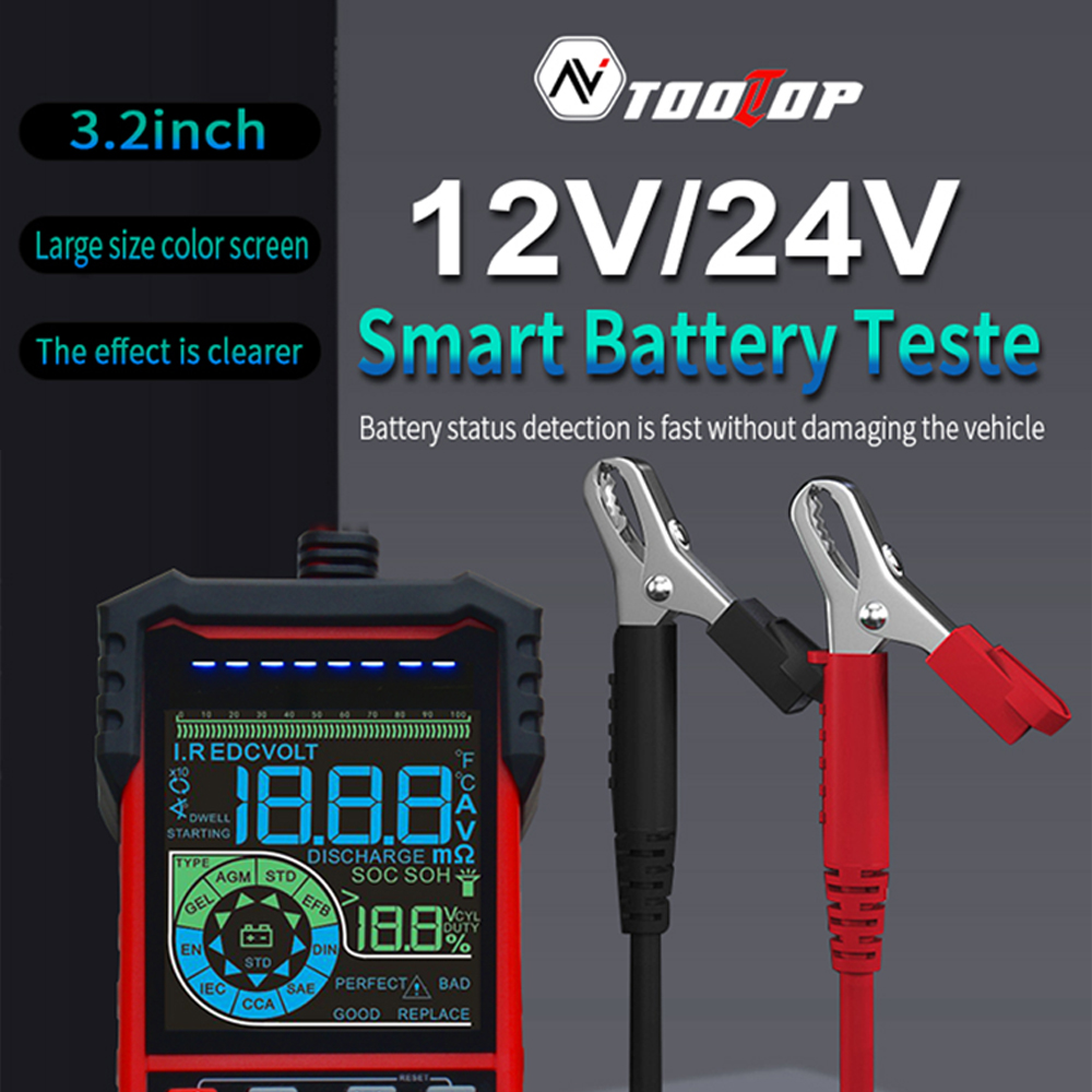 Tooltop Smart Battery Tester, 3,2-zoll-farbbildschirm, Intelligente Auswahl Von 12,0-v- Und 24,0-v-batterien, Unterstützt Start- Und Ladetests Mit Beleuchtungsfunktion Und Mehrfachen Schutzfunktionen.