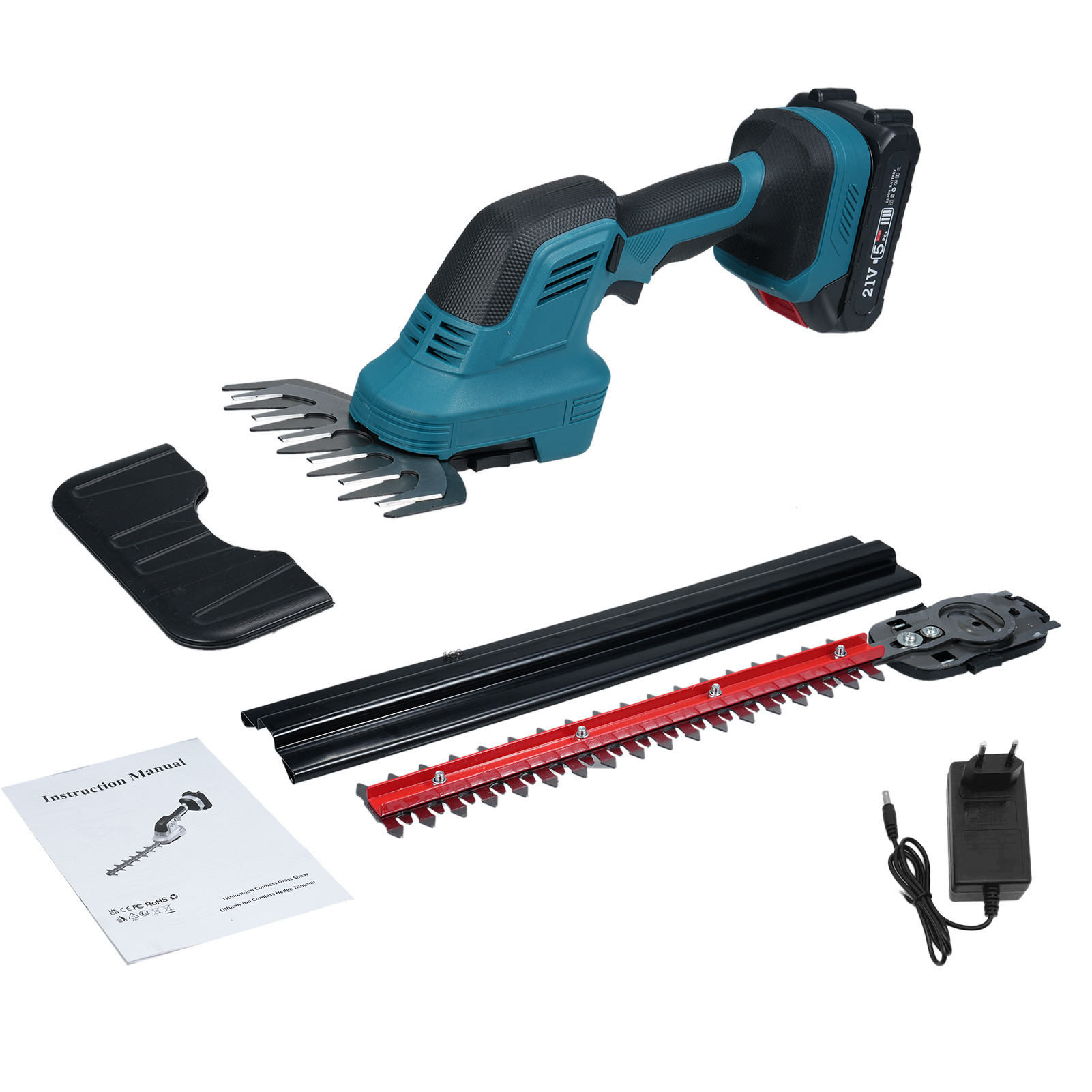 Tragbarer Elektrischer 2-in-1-heckenschneider Und Strauchschneider, 21 V, Mit 2,0-ah-akku Und Ladegerät.