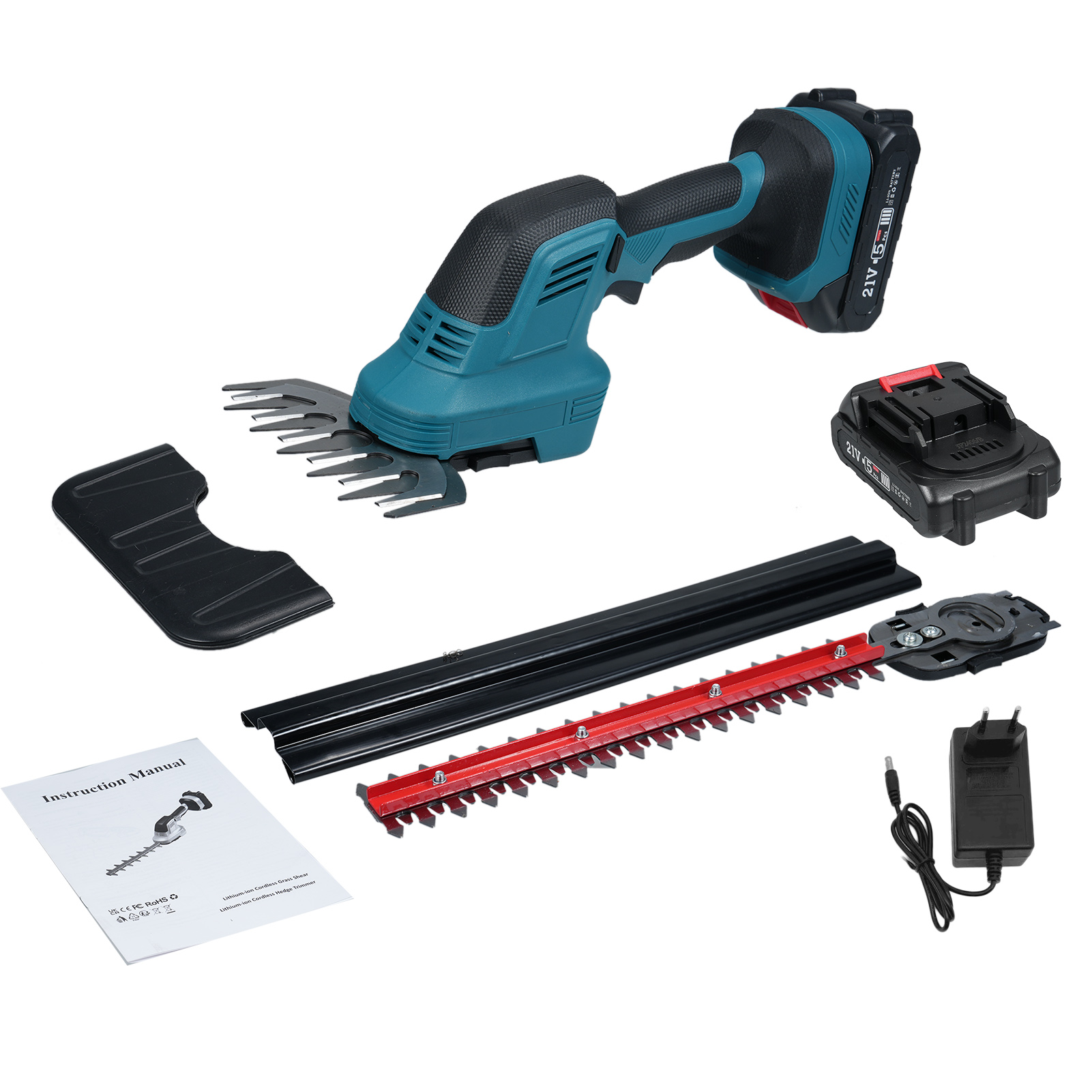 Tragbarer Elektrischer 2-in-1 Heckenschneider Und Strauchschneider, 21 V, Mit 2 X 2,0 Ah Akkus Und Ladegerät.