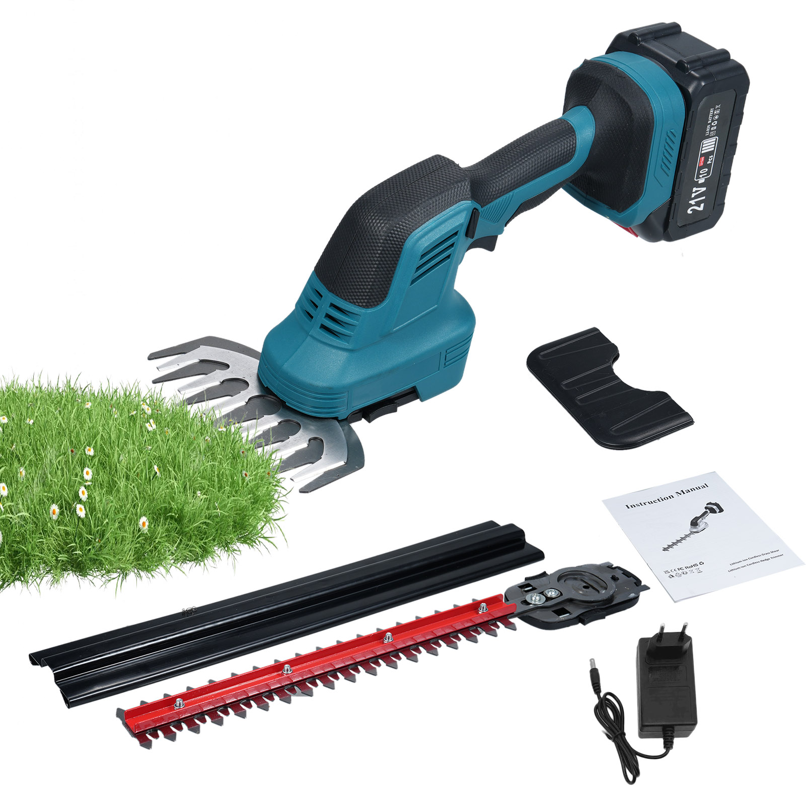 2-in-1 Heckenschere Und Grasschere, 21v Elektrischer Strauchschneider, Tragbarer, Leichter Rasentrimmer Mit 4,0ah Akku Und Ladegerät Für Garten, Hof Und Rasen.