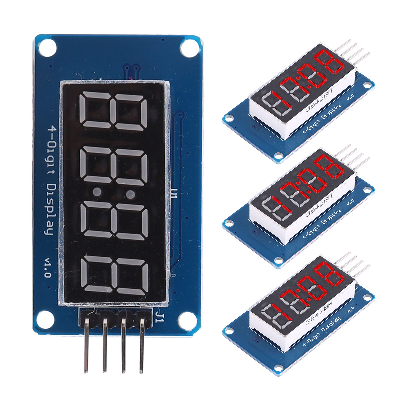 Set Aus 4 Vierstelligen Roten Led-röhrenanzeigemodulen Mit Einstellbarer Helligkeit, Kompatibel Mit Dem Tm1637-steuerchip Und Inklusive Uhr.