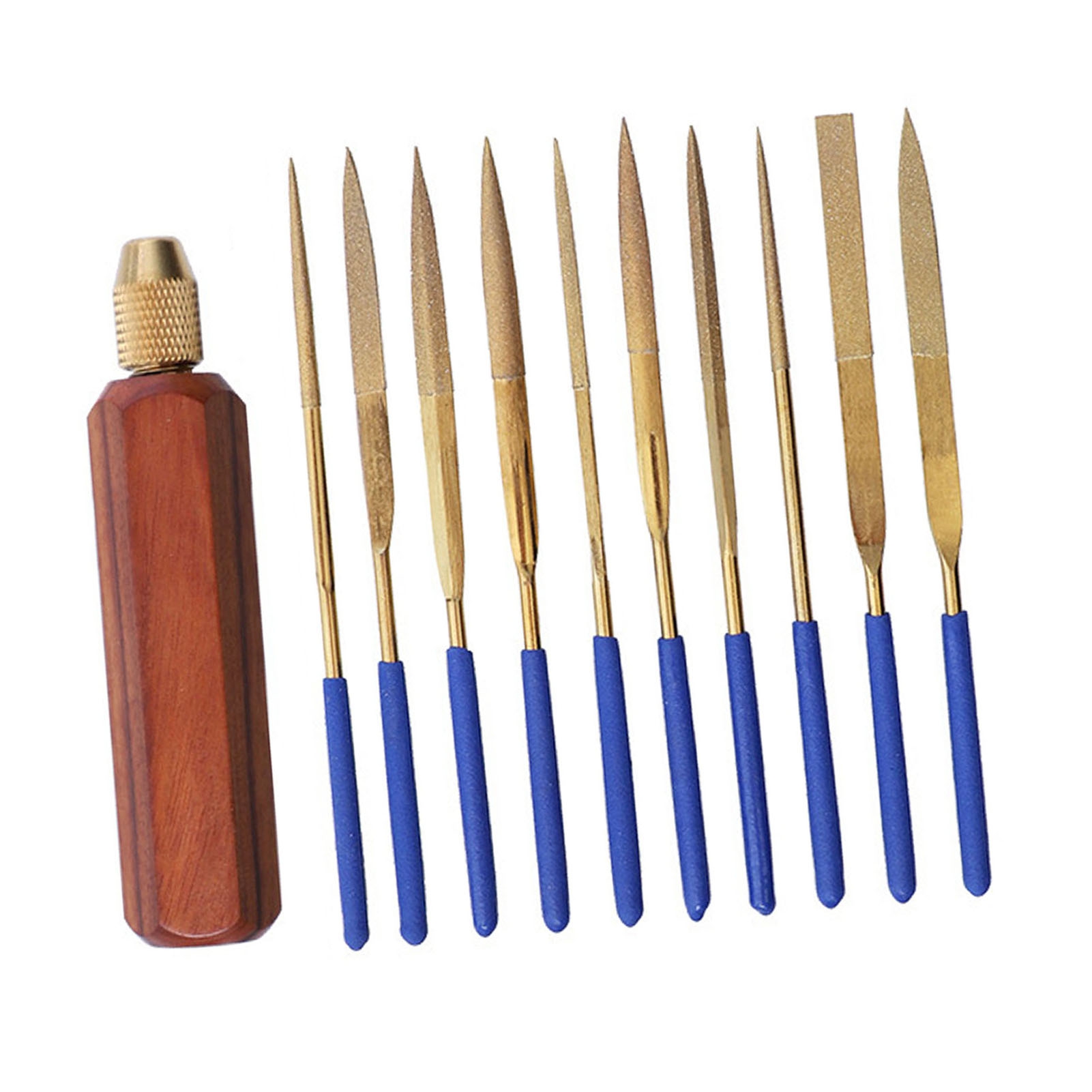 Set Aus 11 Kleinen Legierungsfeilen Für Juweliere, Holzschnitzwerkzeuge, Metall- Und Kunststoffschnitzwerkzeuge, Sechseckiger Rosenholzgriff, Titanvergoldet.