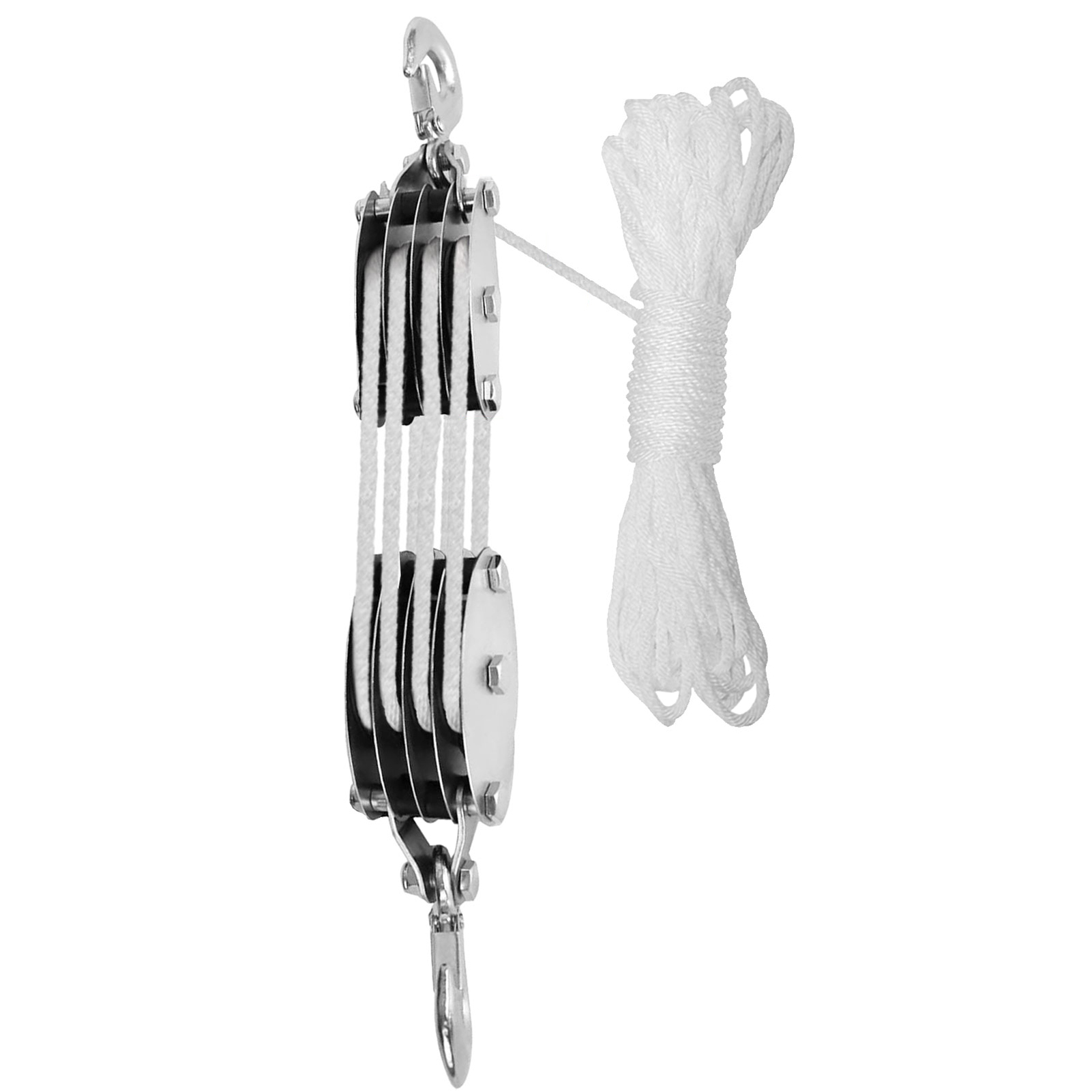 Flaschenzugsystem Mit Flaschenzug, Stahlrollen Mit Lager Für Camping, Jagd, Bootfahren Und Heben (diy), 4 Rollen, 20 M, Weißes Seil, Hakenform