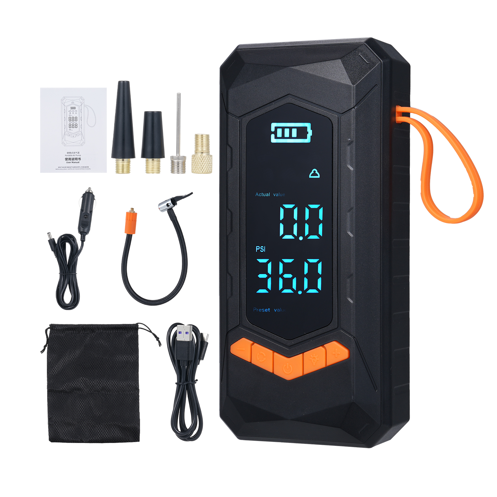 Tragbarer Reifenfüller, Luftkompressor, Voreingestellter Druck (psi, Kpa, Bar, Kg/cm²), Externer Akku, 4 Aufblasmodi, Kabellose Luftpumpe Mit Lcd-bildschirm Und Sos-led-licht.