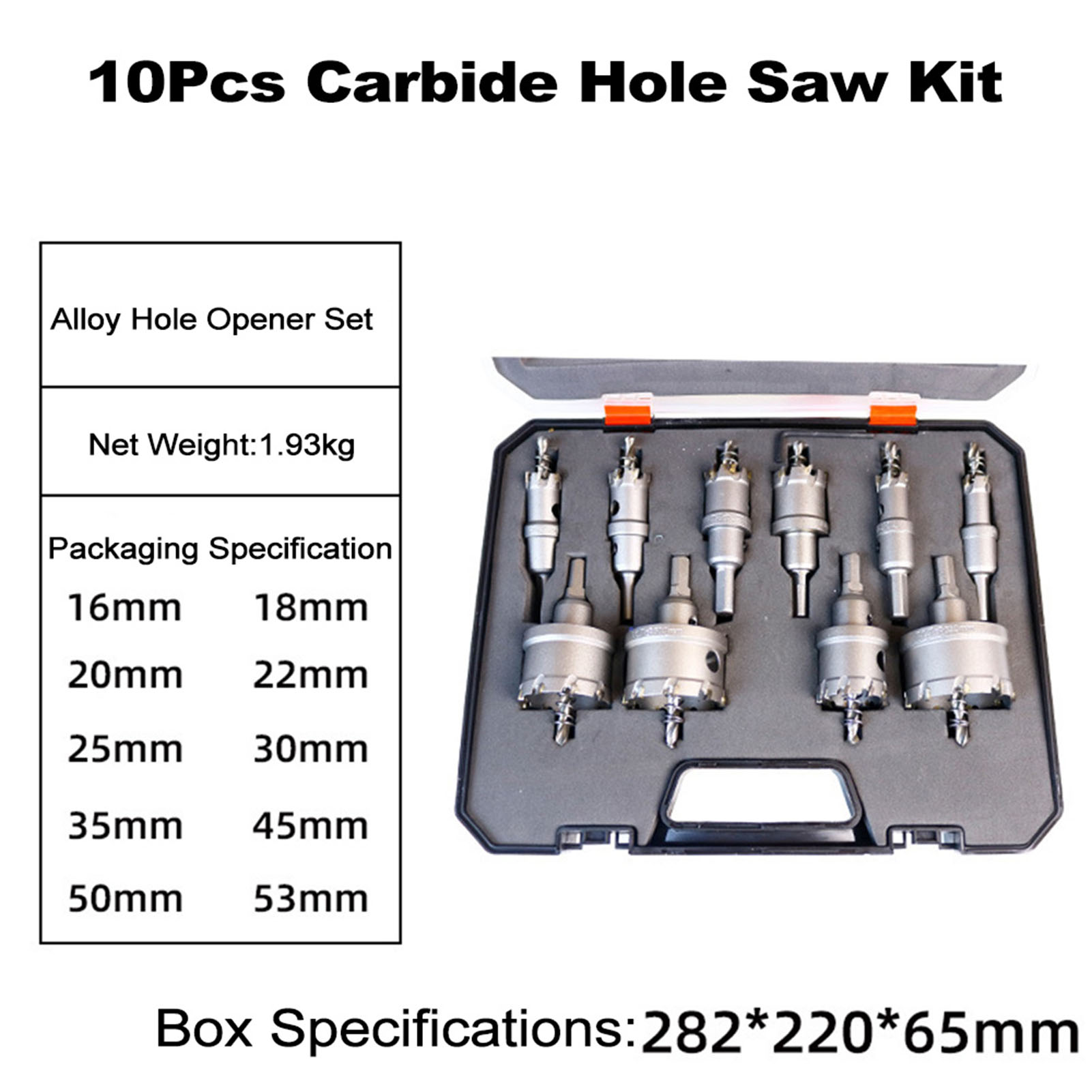 Set Mit 10 Hartmetall-lochsägen, Bohrer Von 16 Bis 53 Mm Für Metalle (edelstahl, Eisen, Kupfer).