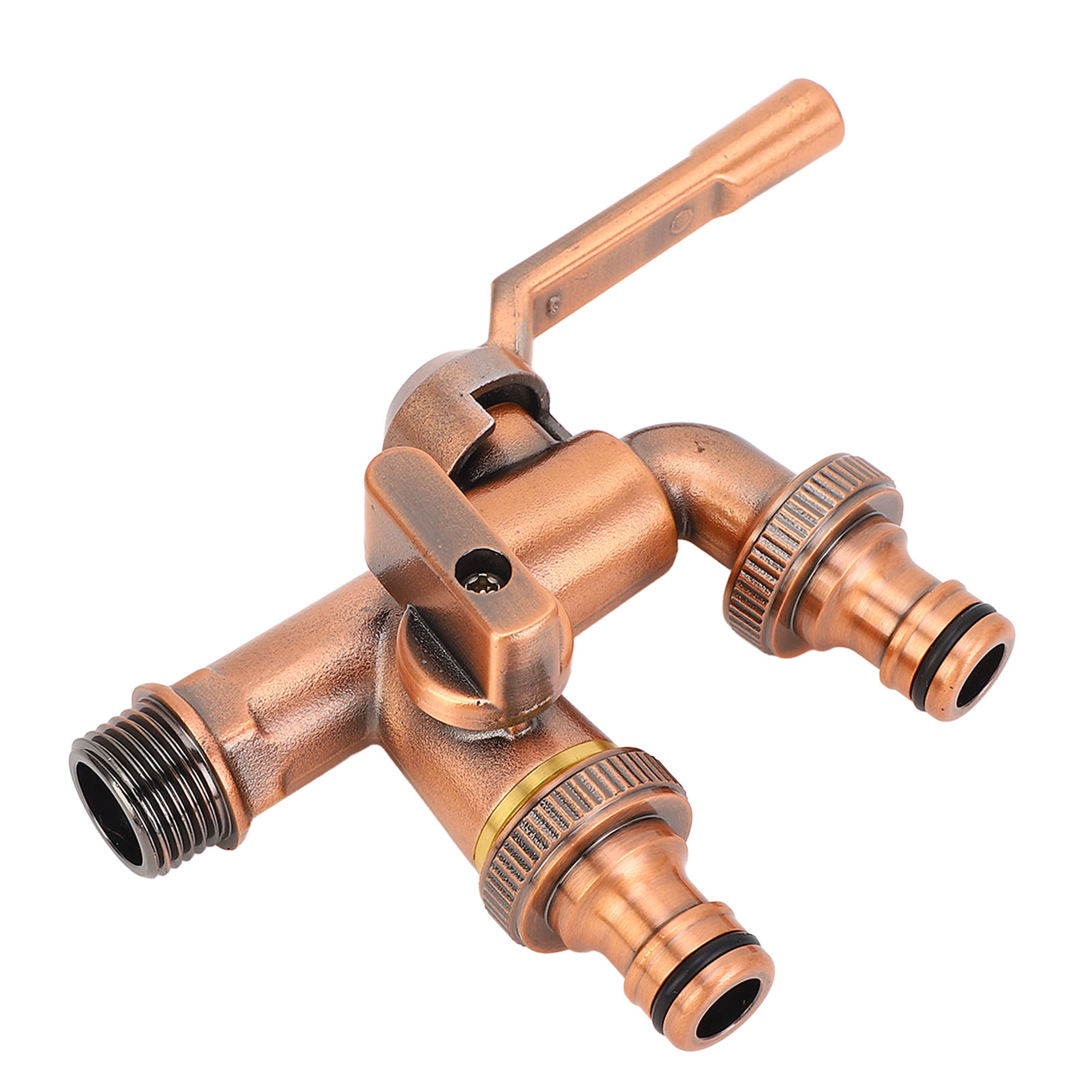 Doppelter Messingwasserhahn Mit 3/4-zoll-einlass Und Zwei 25-mm-auslässen Für Gartenschläuche.